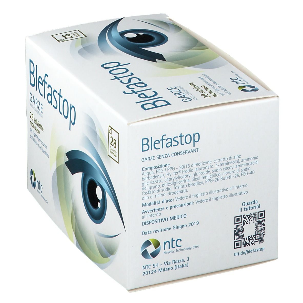 Confezione di Blefastop Garze. Contiene 28 salviette. Informazioni sul prodotto e motivo occhio stampati sulla confezione.