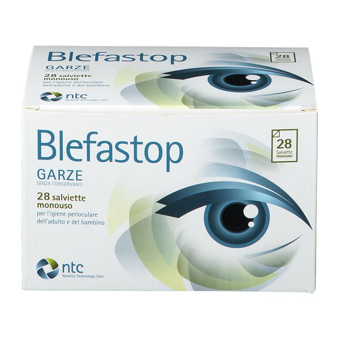 Confezione di Blefastop Garze. Contiene 28 salviette. Informazioni sul prodotto e motivo occhio stampati sulla confezione.