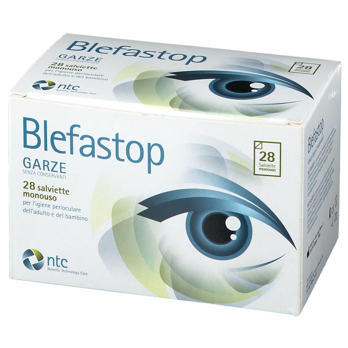 Confezione di Blefastop Garze. Contiene 28 salviette. Informazioni sul prodotto e motivo occhio stampati sulla confezione.