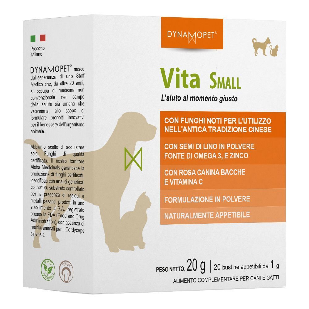 Confezione Vita Small. Contiene 20 bustine. Ingredienti: semi di lino, zinco, vitamina C. Per cani e gatti. Peso netto: 20g.