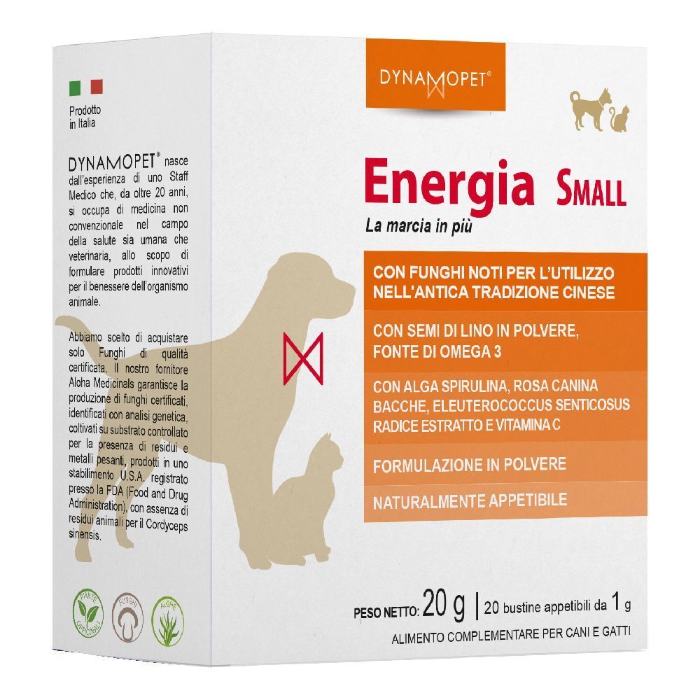 Scatola Energia Small per cani e gatti. Contiene semi di lino, spirulina e vitamina C. Confezione da 20 g.