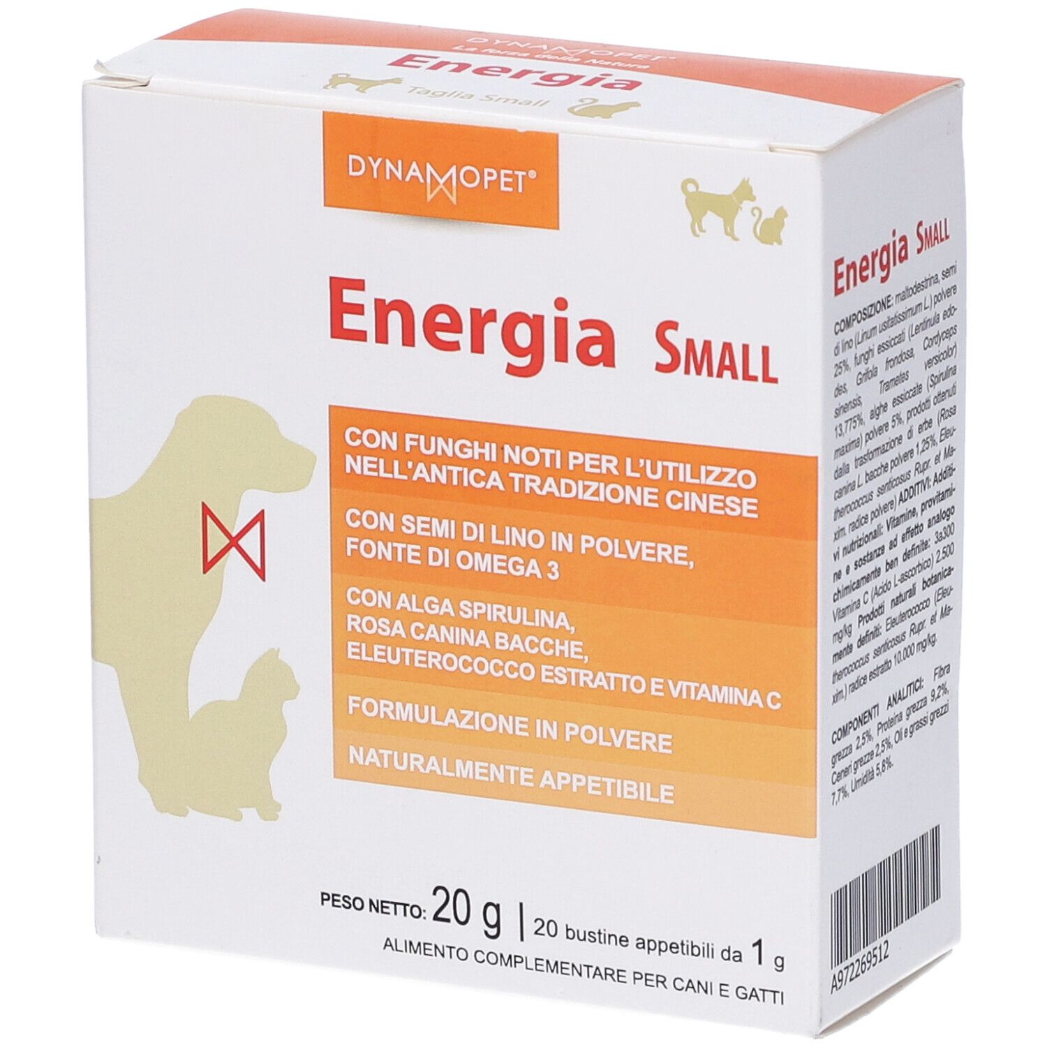 Scatola Energia Small per cani e gatti. Contiene semi di lino, spirulina e vitamina C. Marchio Dynamopet.