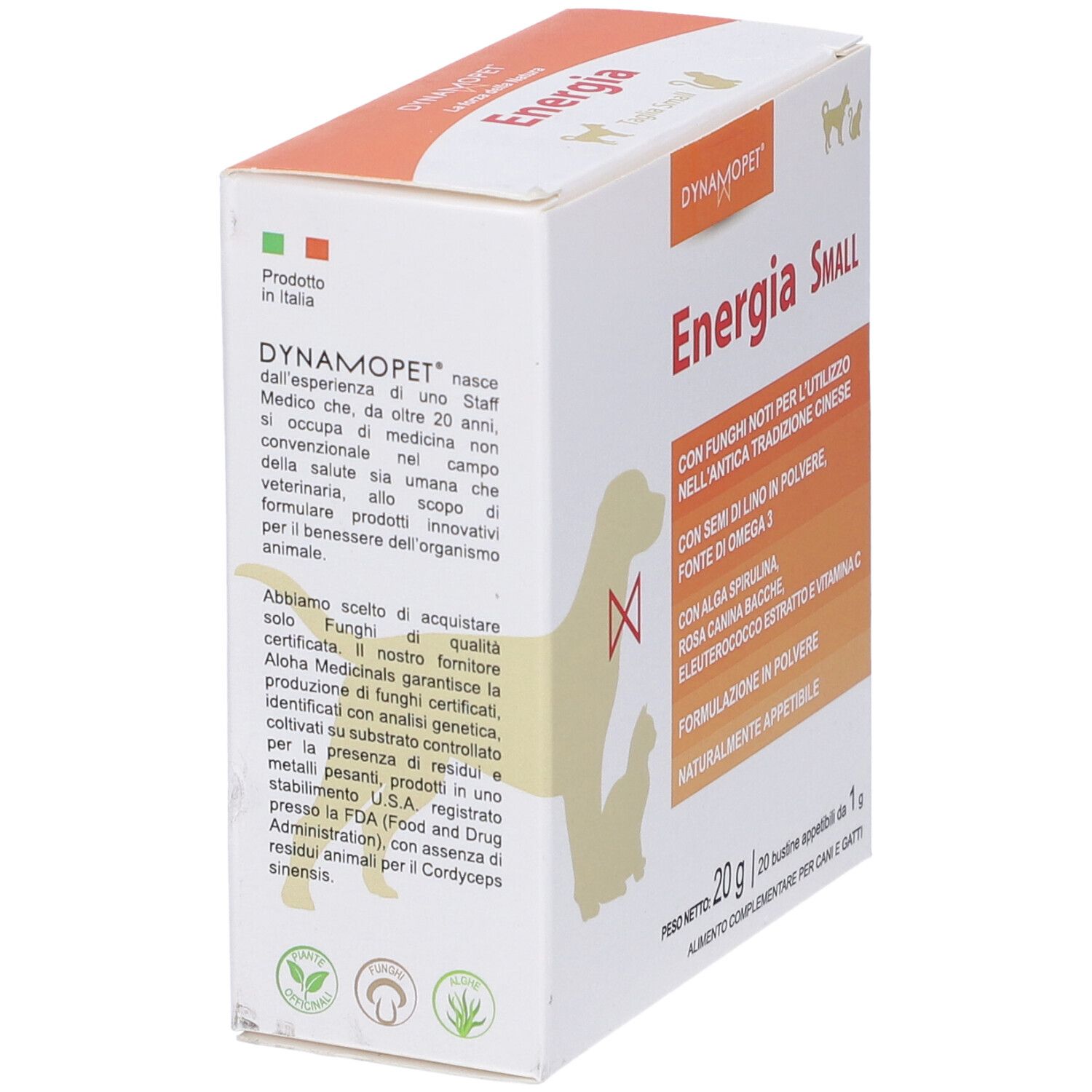Scatola Energia Small, marchio Dynamopet. Contiene semi di lino, spirulina e vitamina C. Per cani e gatti.