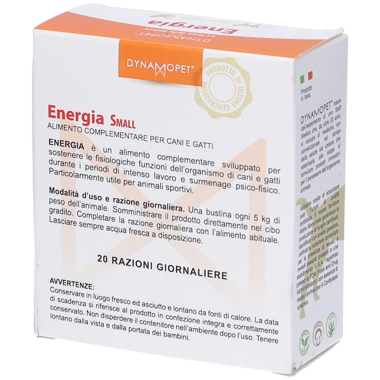Scatola Energia Small, marchio Dynamopet. Informazioni sull'uso e gli ingredienti. Per cani e gatti.