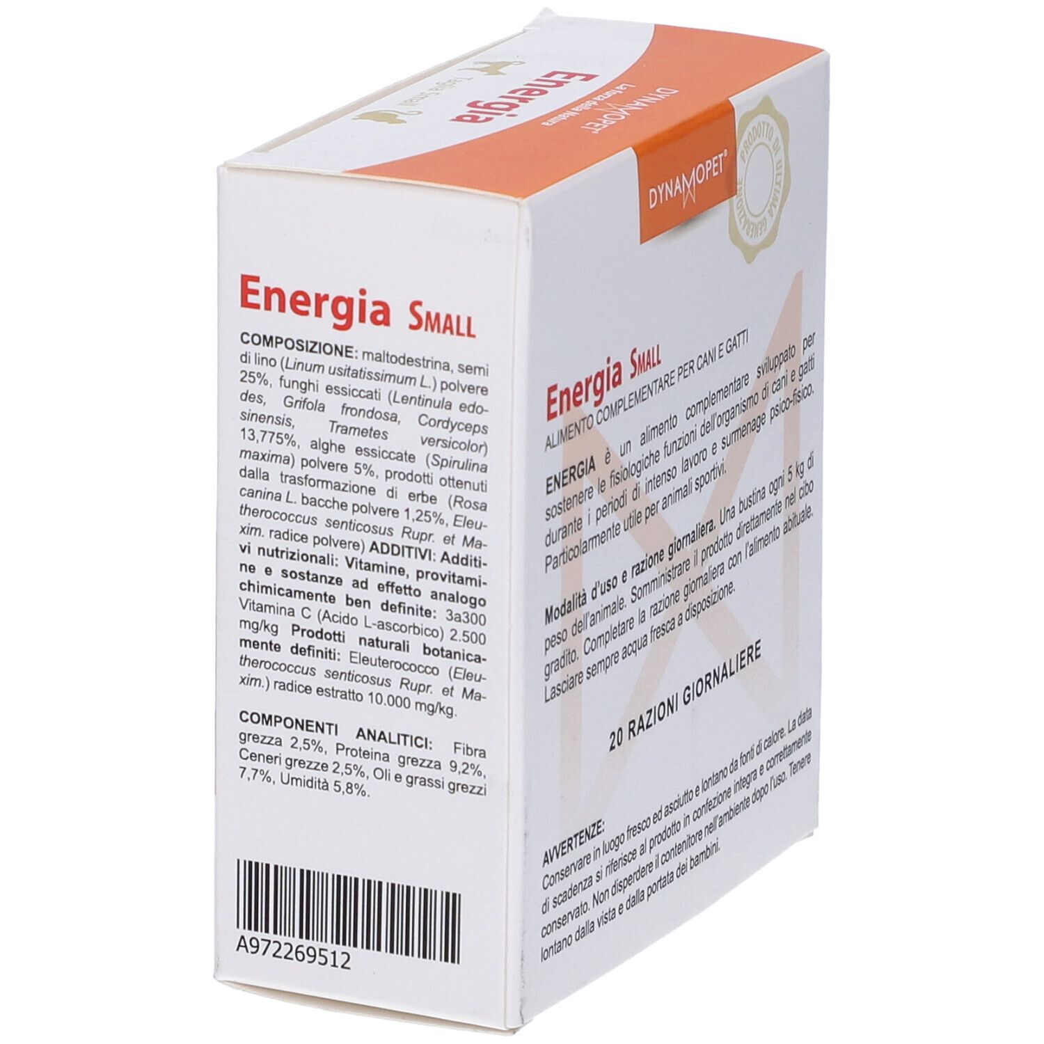 Scatola Energia Small, marchio Dynamopet. Retro con ingredienti e analisi. Per cani e gatti.