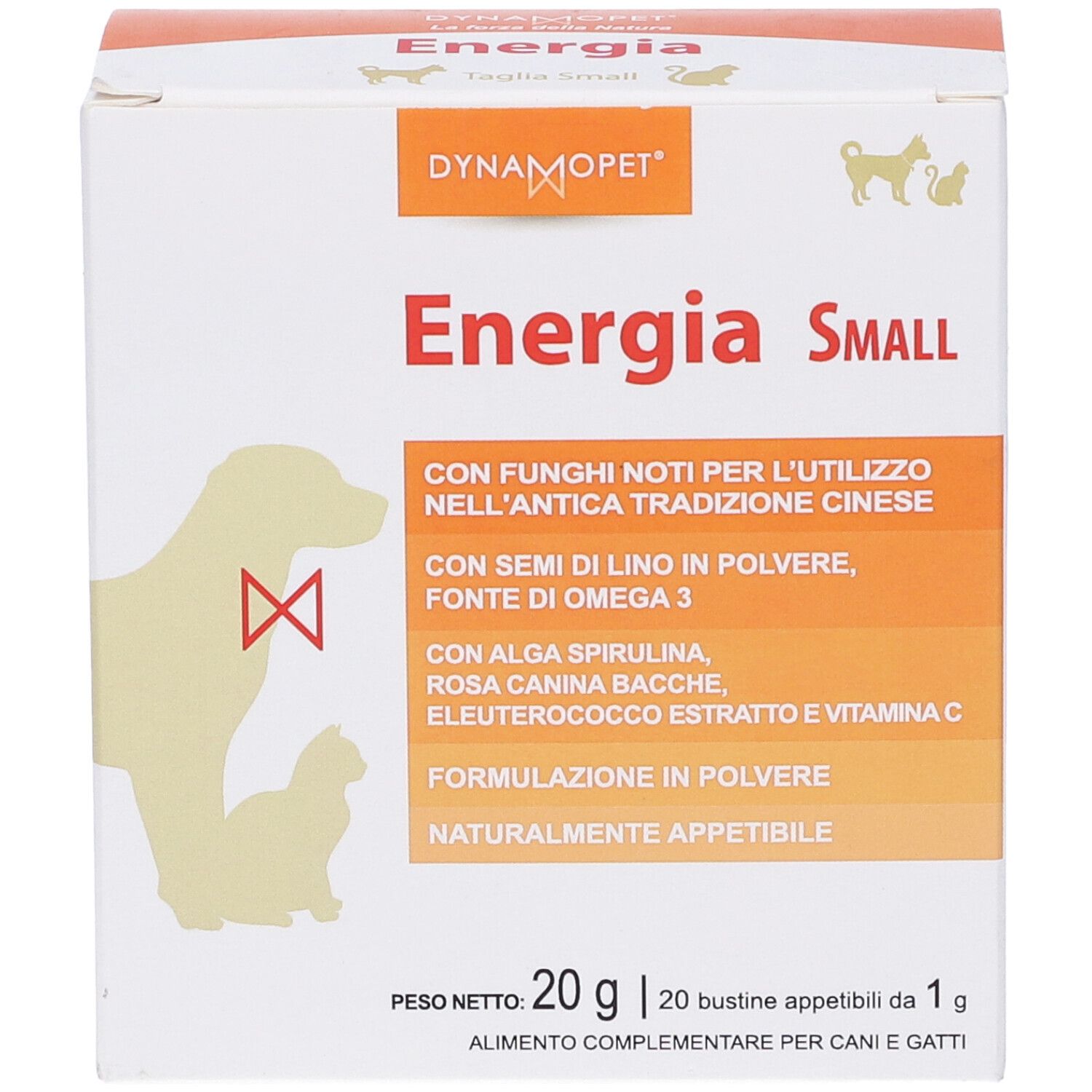 Scatola Energia Small, marchio Dynamopet. Contiene semi di lino, spirulina e vitamina C. Per cani e gatti.