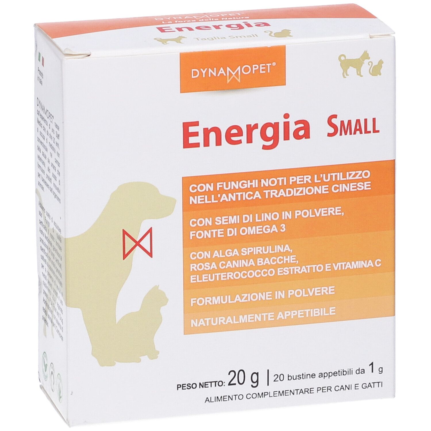Scatola Energia Small, marchio Dynamopet. Contiene semi di lino, spirulina e vitamina C. Per cani e gatti.