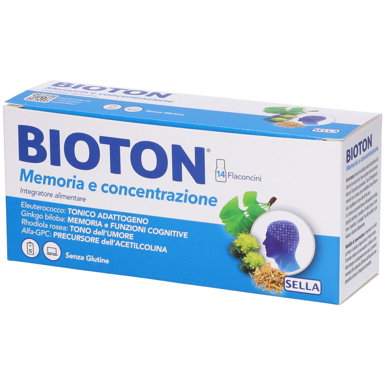 Confezione BIOTON. Scatola bianca e blu con nome e ingredienti. Contiene 14 flaconcini.