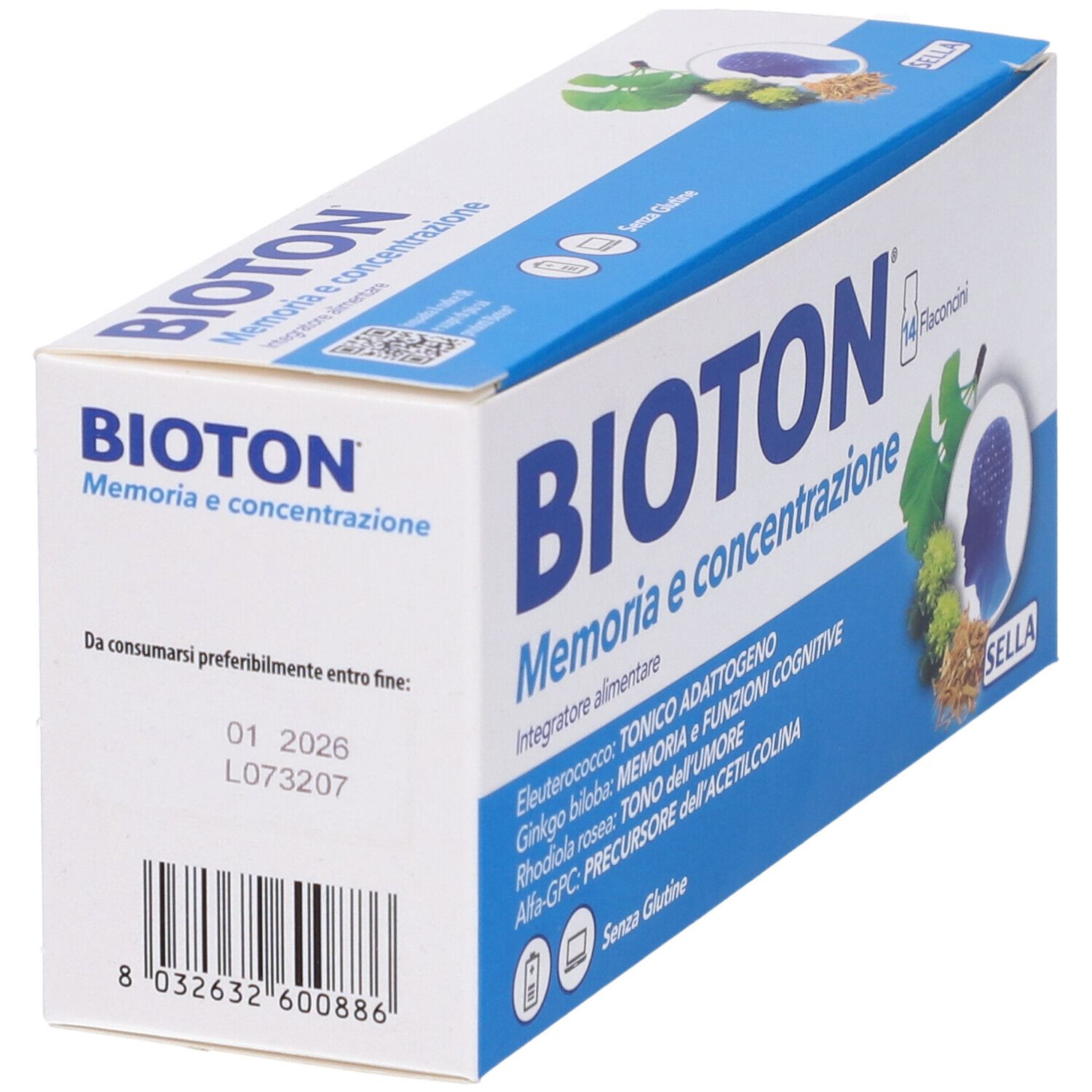 Confezione BIOTON. Scatola bianca e blu con nome e ingredienti. Codice a barre.