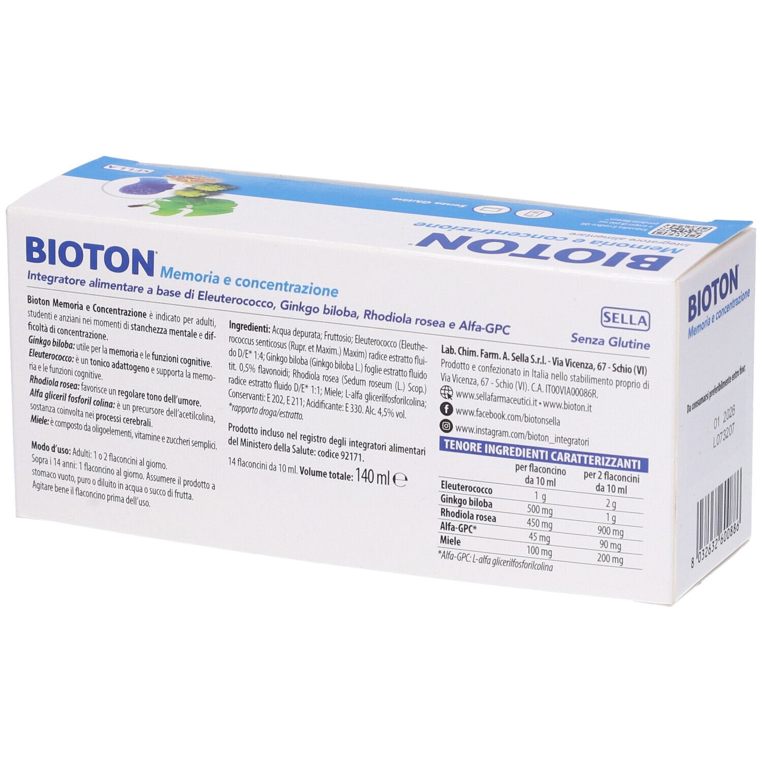 Confezione BIOTON. Retro con ingredienti e informazioni nutrizionali. Scritta bianca e blu.