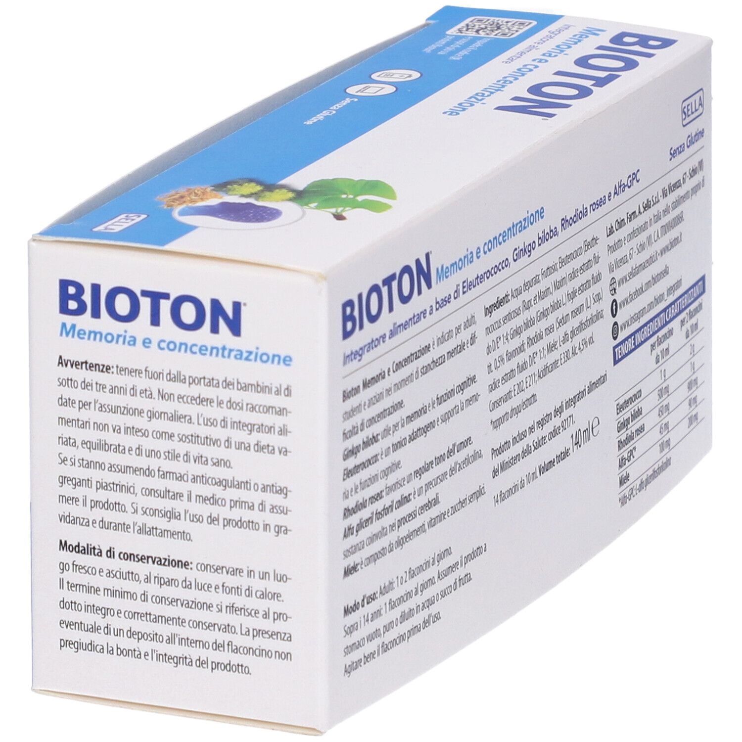 Confezione BIOTON. Retro con avvertenze e ingredienti. Scritta bianca e blu.