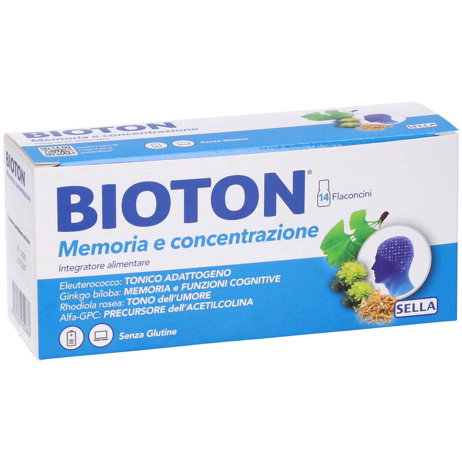 Confezione BIOTON. Scatola bianca e blu con nome e ingredienti. Contiene 14 flaconcini.