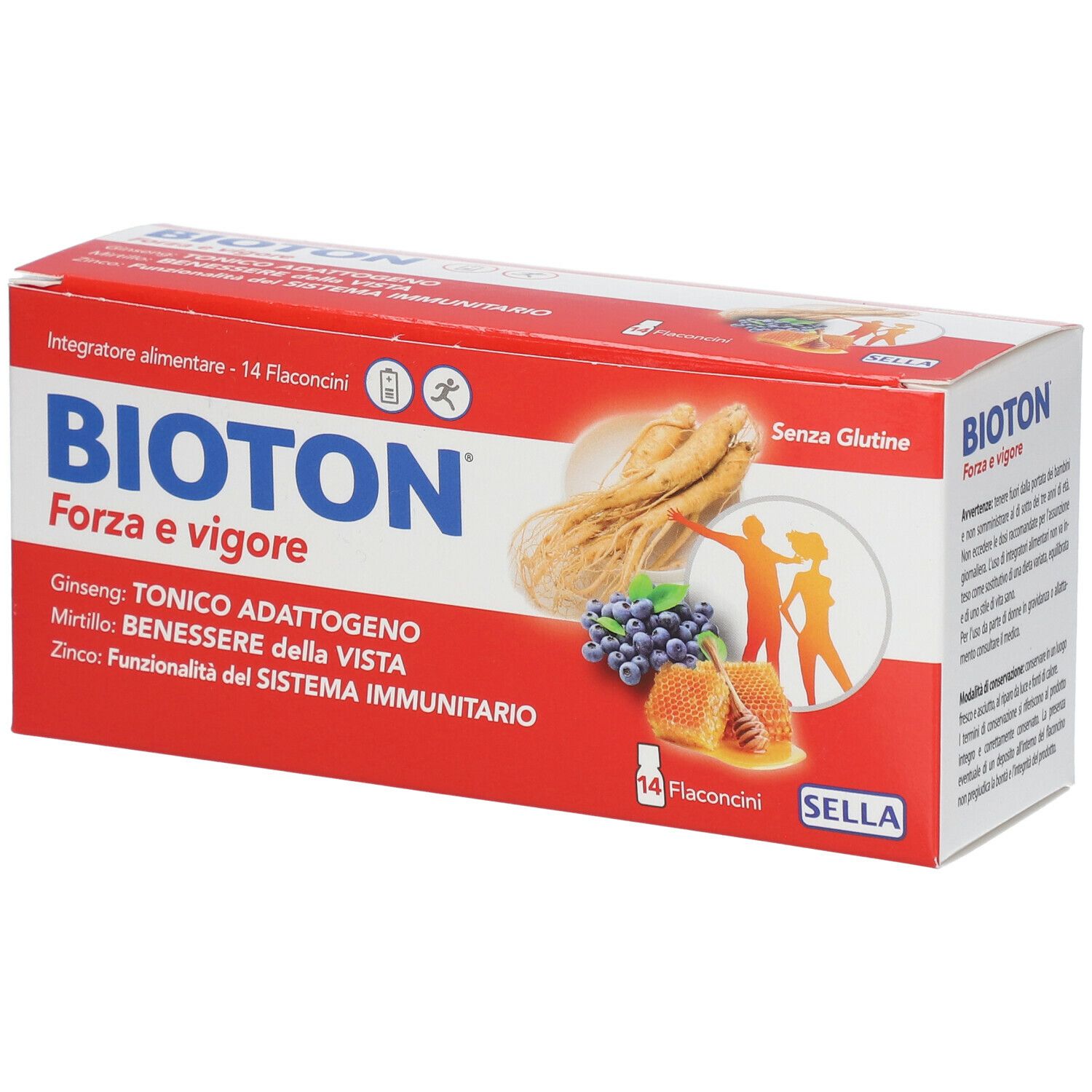 Scatola rossa BIOTON Forza e Vigore. 14 flaconcini. Illustrazioni ginseng, mirtillo, miele. Senza glutine.