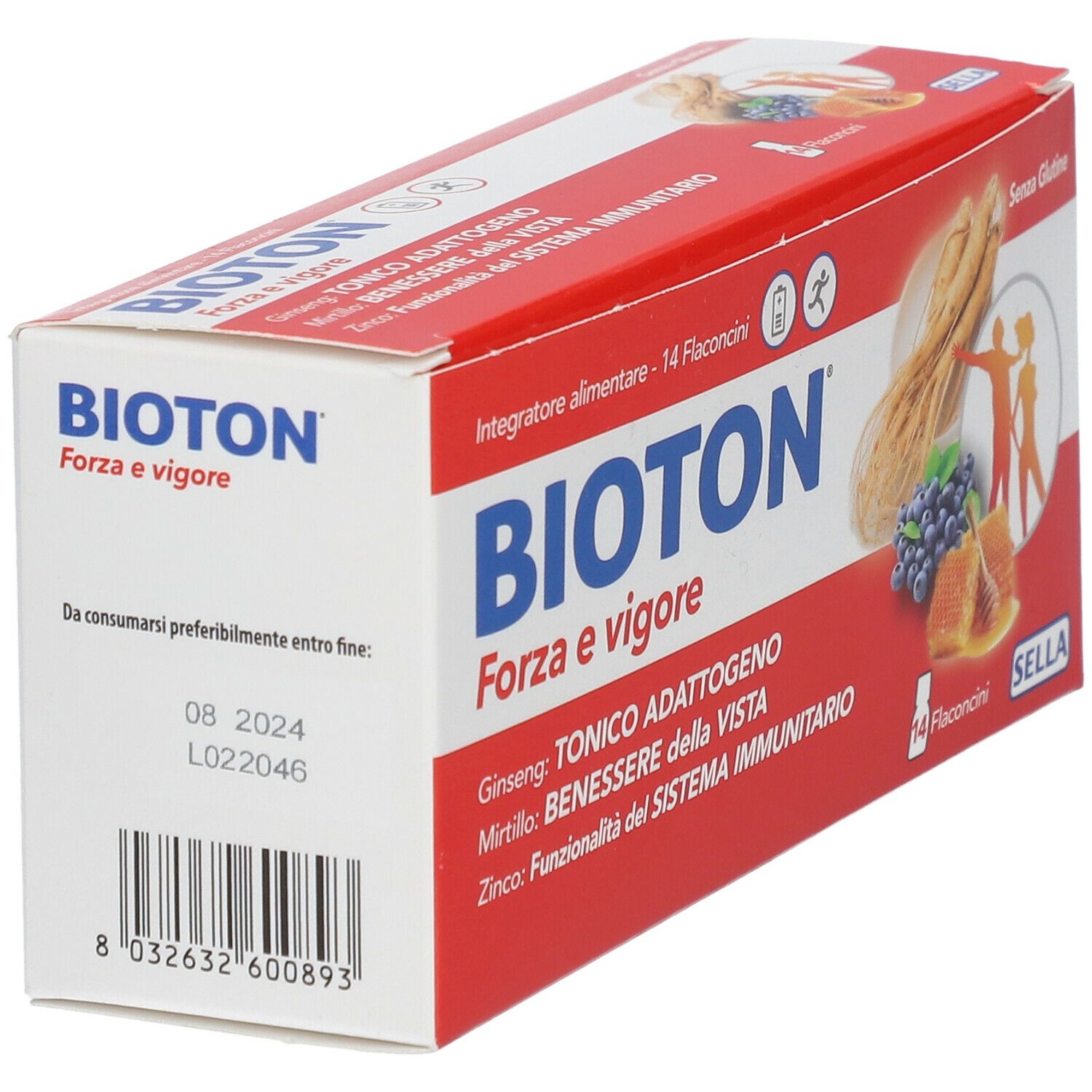Scatola rossa BIOTON Forza e Vigore. Stampa: 08 2024. Codice a barre. Senza glutine.