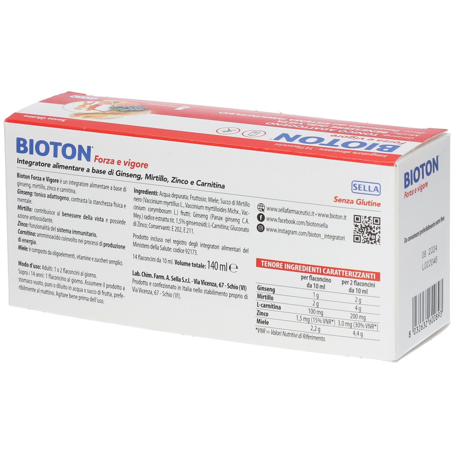 Retro scatola BIOTON Forza e Vigore. Elenco ingredienti, informazioni nutrizionali, contatti.