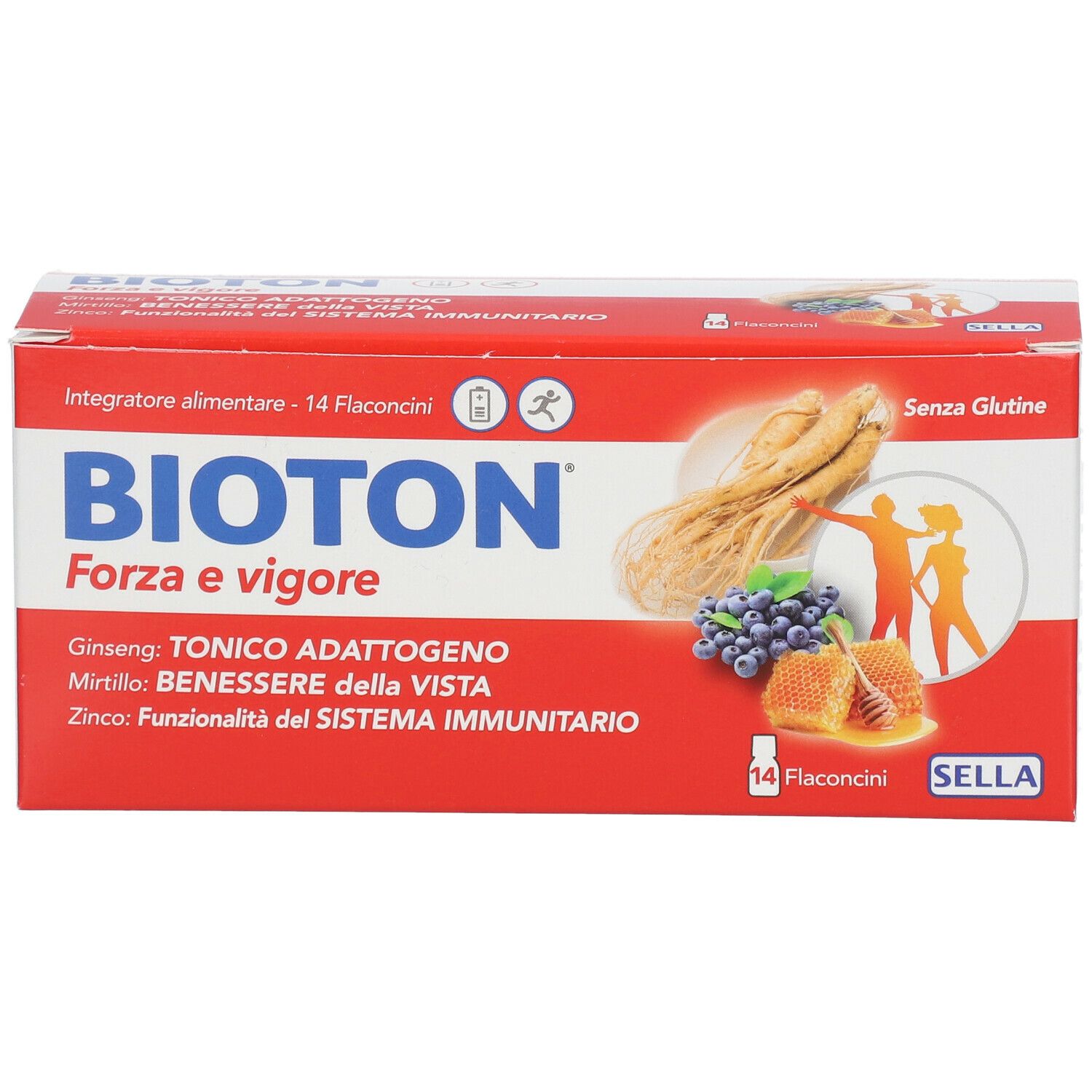 Scatola rossa BIOTON Forza e Vigore. 14 flaconcini. Illustrazioni ginseng, mirtillo, miele. Senza glutine.