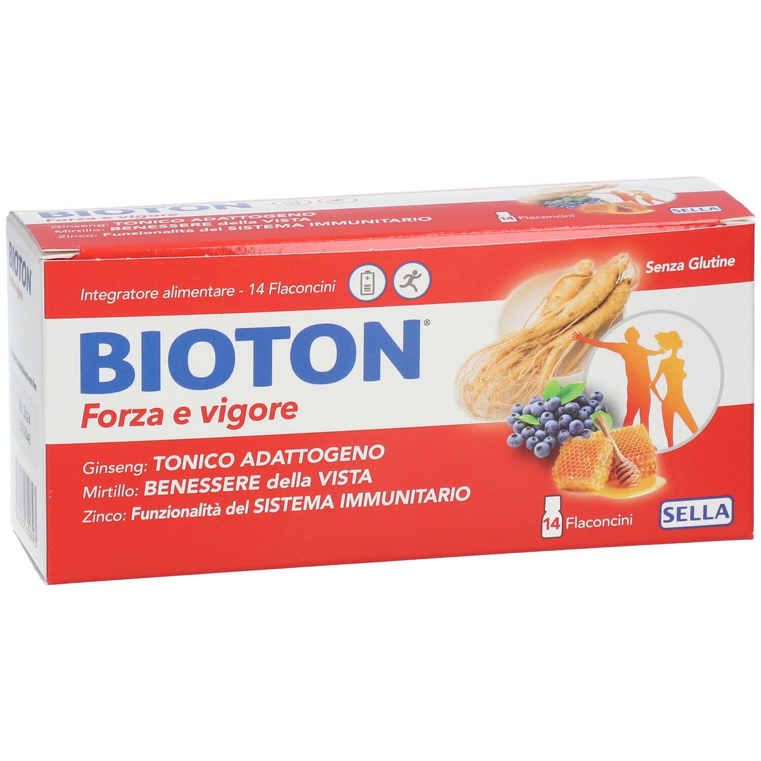 Scatola rossa BIOTON Forza e Vigore. 14 flaconcini. Illustrazioni ginseng, mirtillo, miele. Senza glutine.