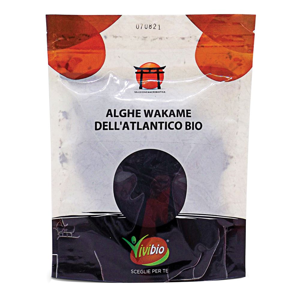 Confezione di alghe Wakame. Scritta: Alghe Wakame dell'Atlantico Bio. Marchio: Vivibio. Sigillo visibile.