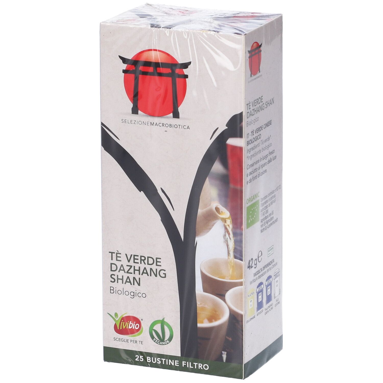 Confezione di tè. Scritto: Tè Verde Dazhang Shan, biologico. 25 bustine filtro. Logo.