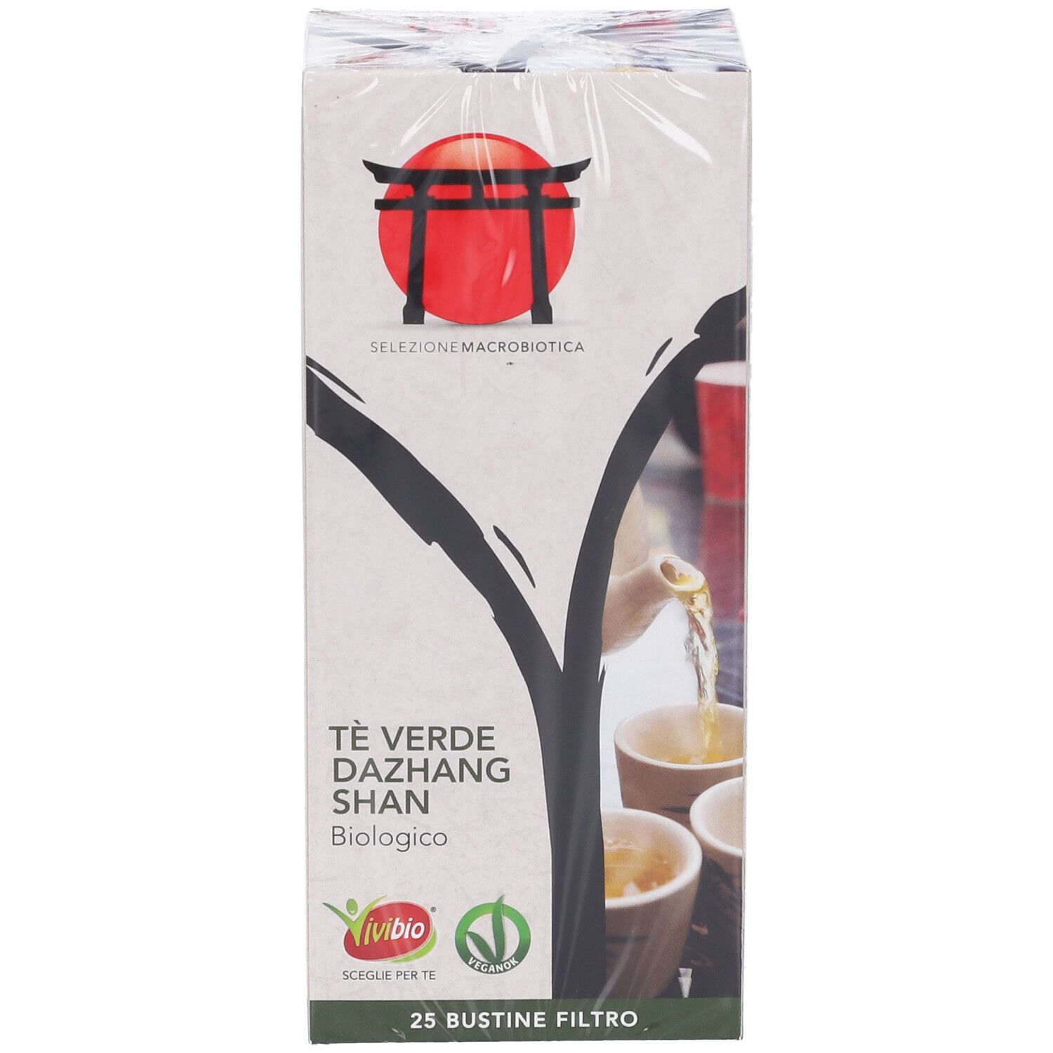 Confezione di tè. Scritto: Tè Verde Dazhang Shan, biologico. 25 bustine filtro. Logo.