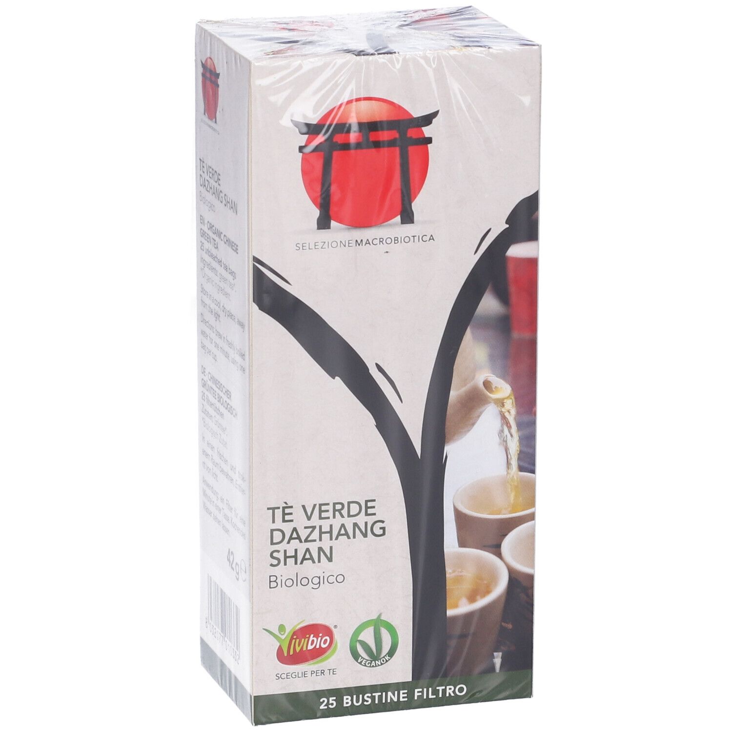 Confezione di tè. Scritto: Tè Verde Dazhang Shan, biologico. 25 bustine filtro. Logo.