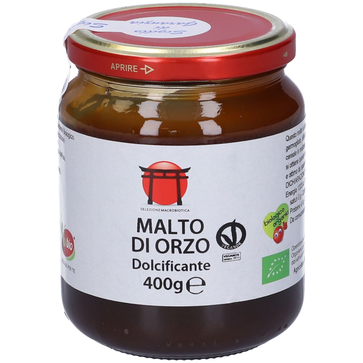 Vasetto di Malto di Orzo. Coperchio rosso, etichetta bianca con informazioni e logo. 400g.