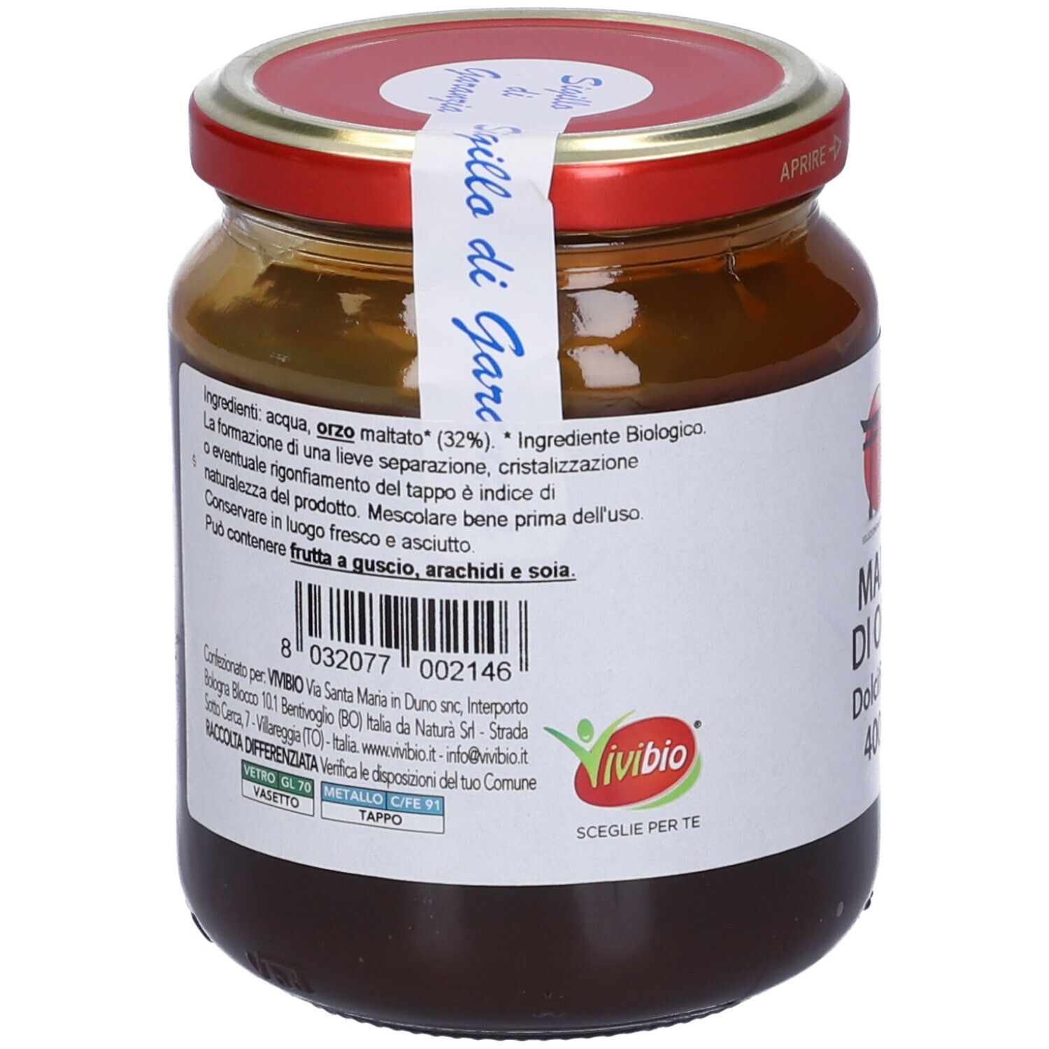 Retro del vasetto di Malto di Orzo. Coperchio rosso, etichetta bianca con ingredienti e logo.