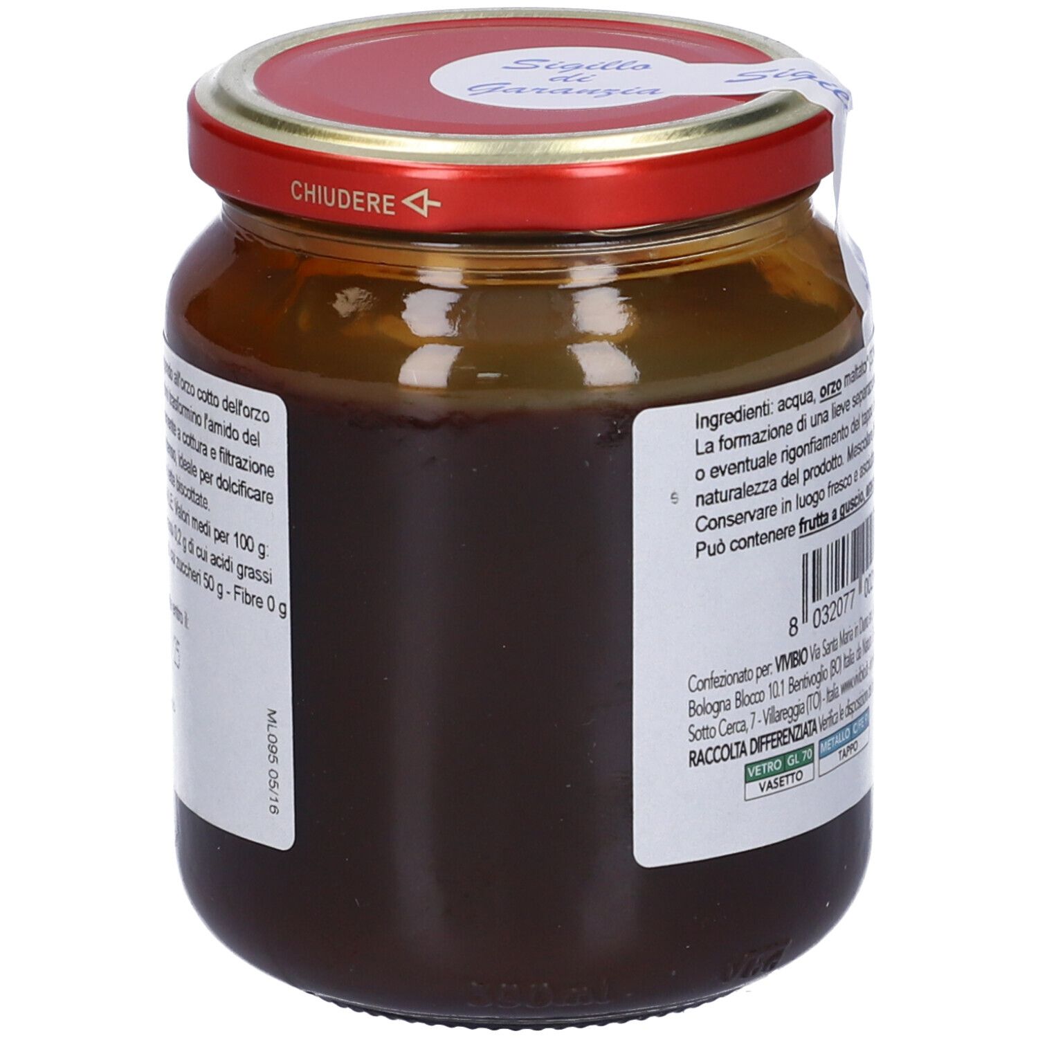 Retro del vasetto di Malto di Orzo. Coperchio rosso, etichetta bianca con informazioni e logo.