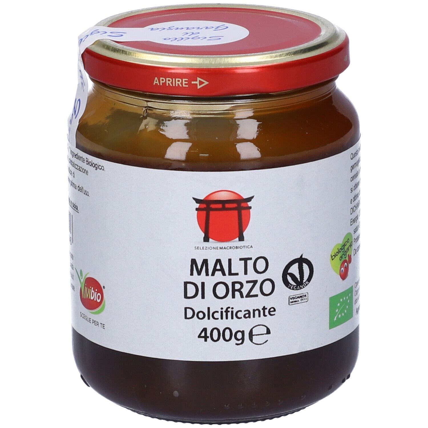 Vasetto di Malto di Orzo. Coperchio rosso, etichetta bianca con informazioni e logo. 400g.