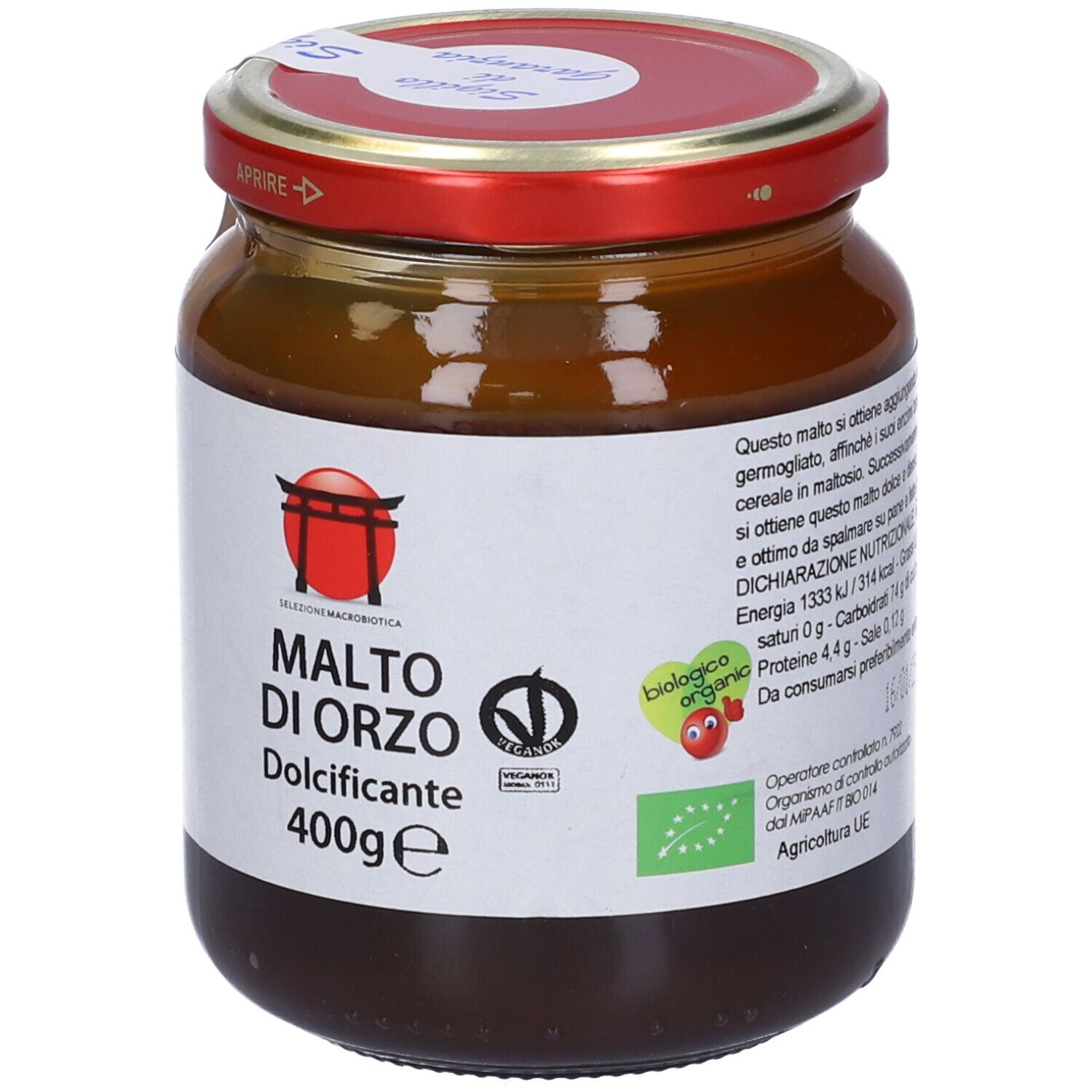 Vasetto di Malto di Orzo. Coperchio rosso, etichetta bianca con informazioni e logo. 400g.