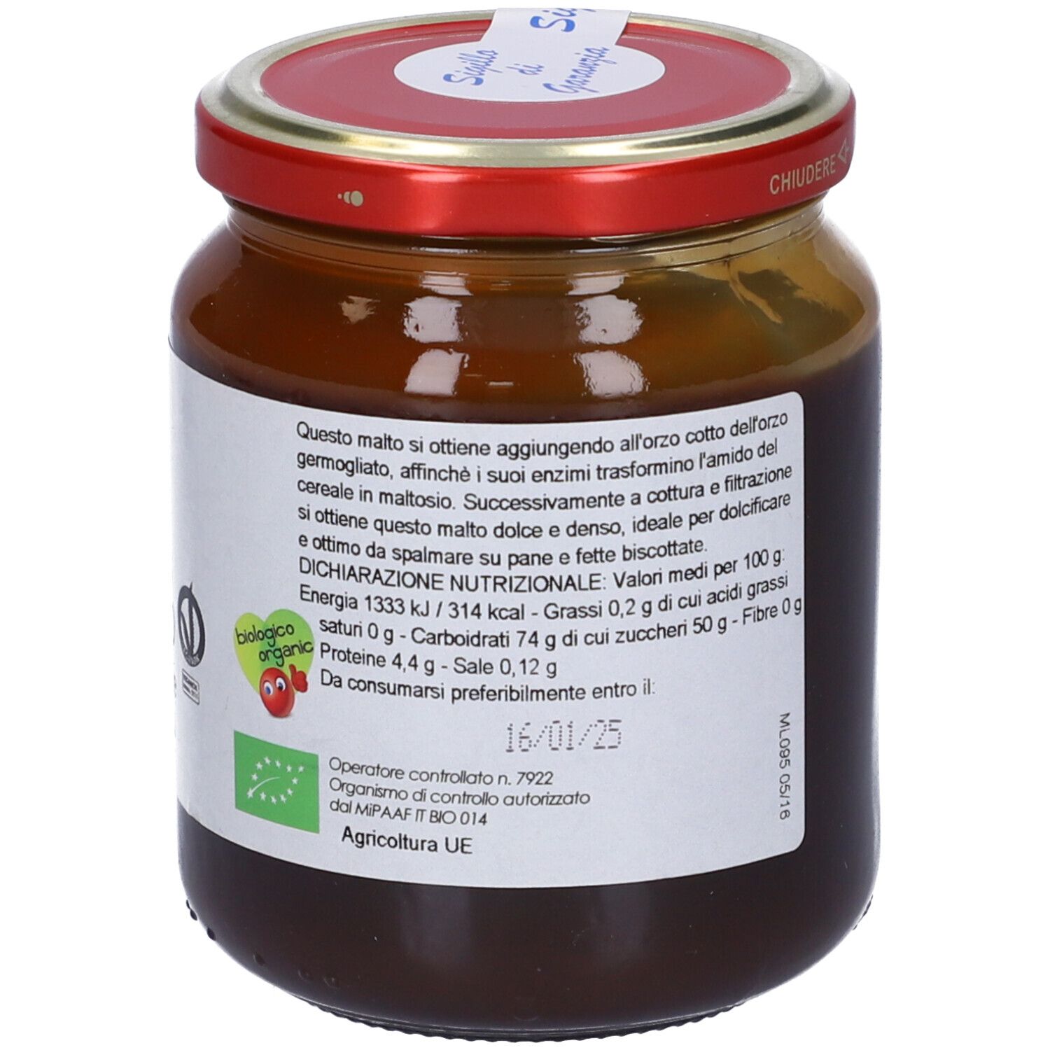 Retro del vasetto di Malto di Orzo. Coperchio rosso, etichetta bianca con informazioni nutrizionali e logo.