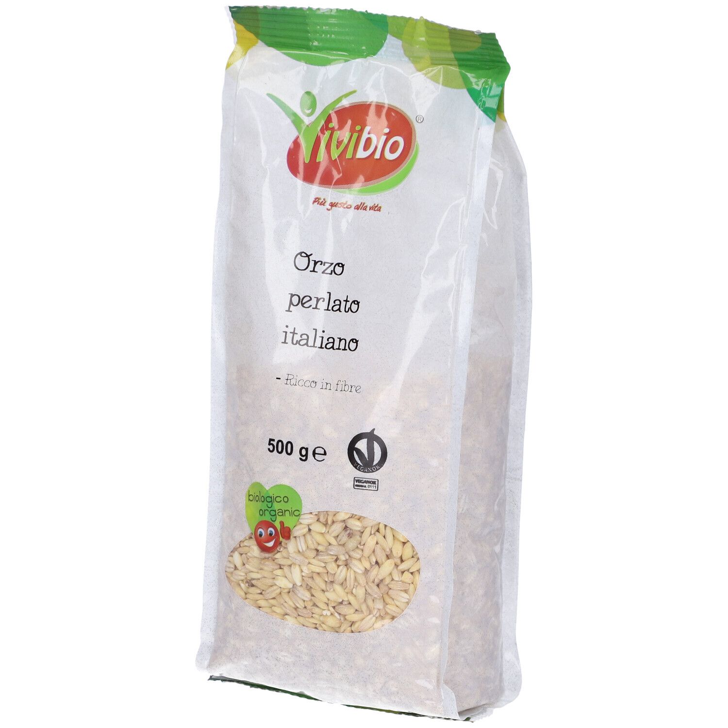 Orzo Perlato Italiano in confezione trasparente. 500g. Logo Vivibio. Sigillo biologico.