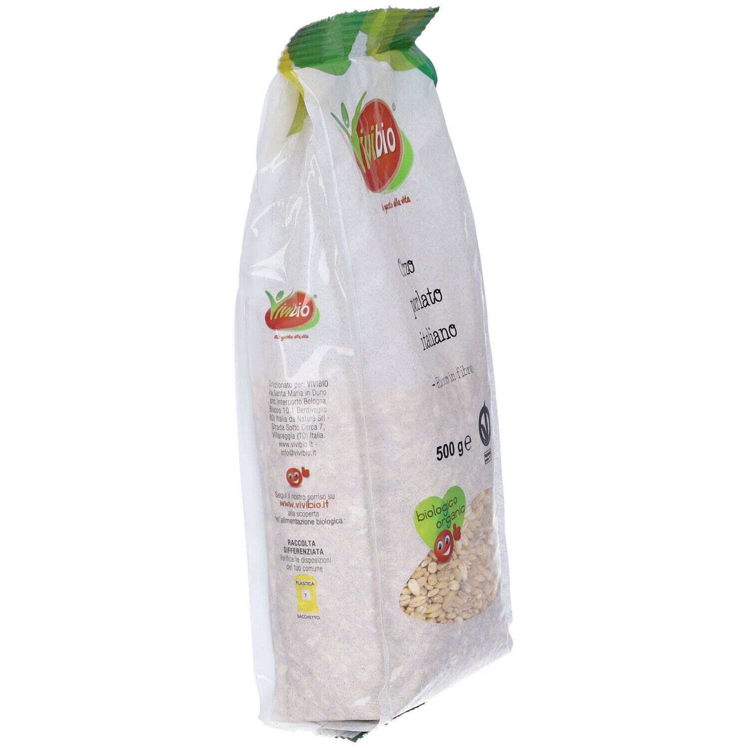 Orzo Perlato Italiano in confezione trasparente, vista laterale. 500g. Logo Vivibio. Sigillo biologico.