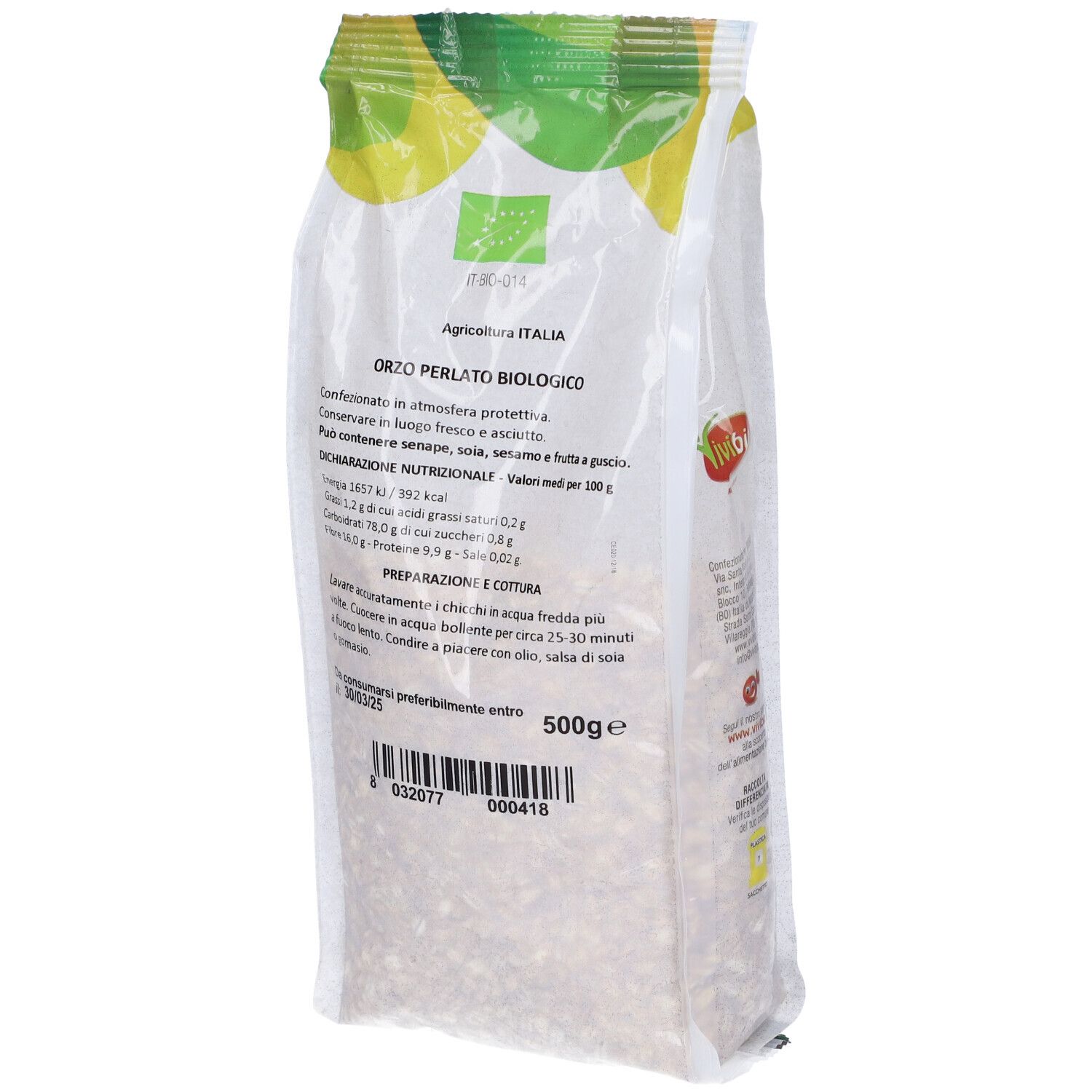 Retro confezione Orzo Perlato Italiano. 500g. Testo e informazioni nutrizionali. Sigillo biologico.