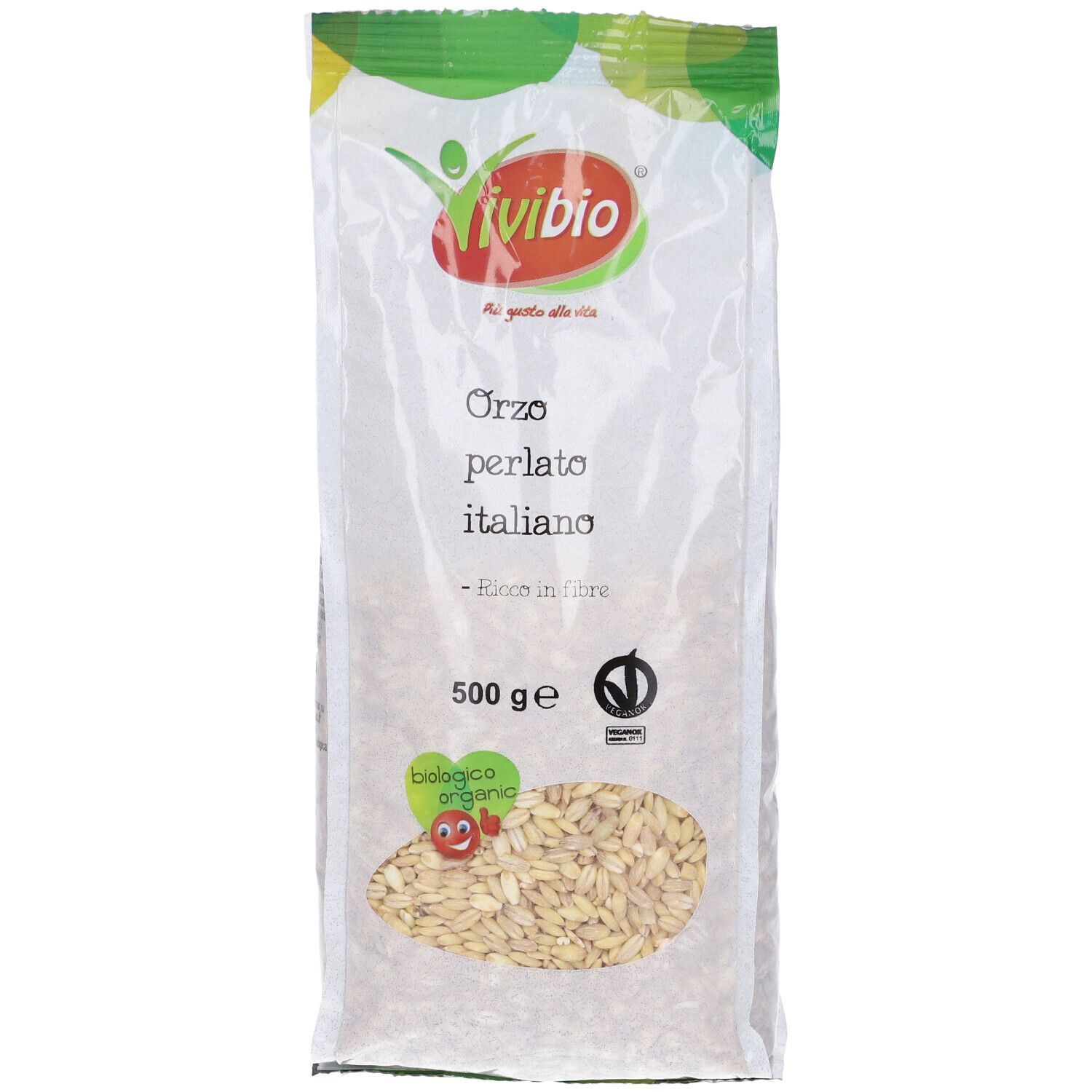 Orzo Perlato Italiano in confezione trasparente. 500g. Logo Vivibio. Sigillo biologico. Prodotto visibile.