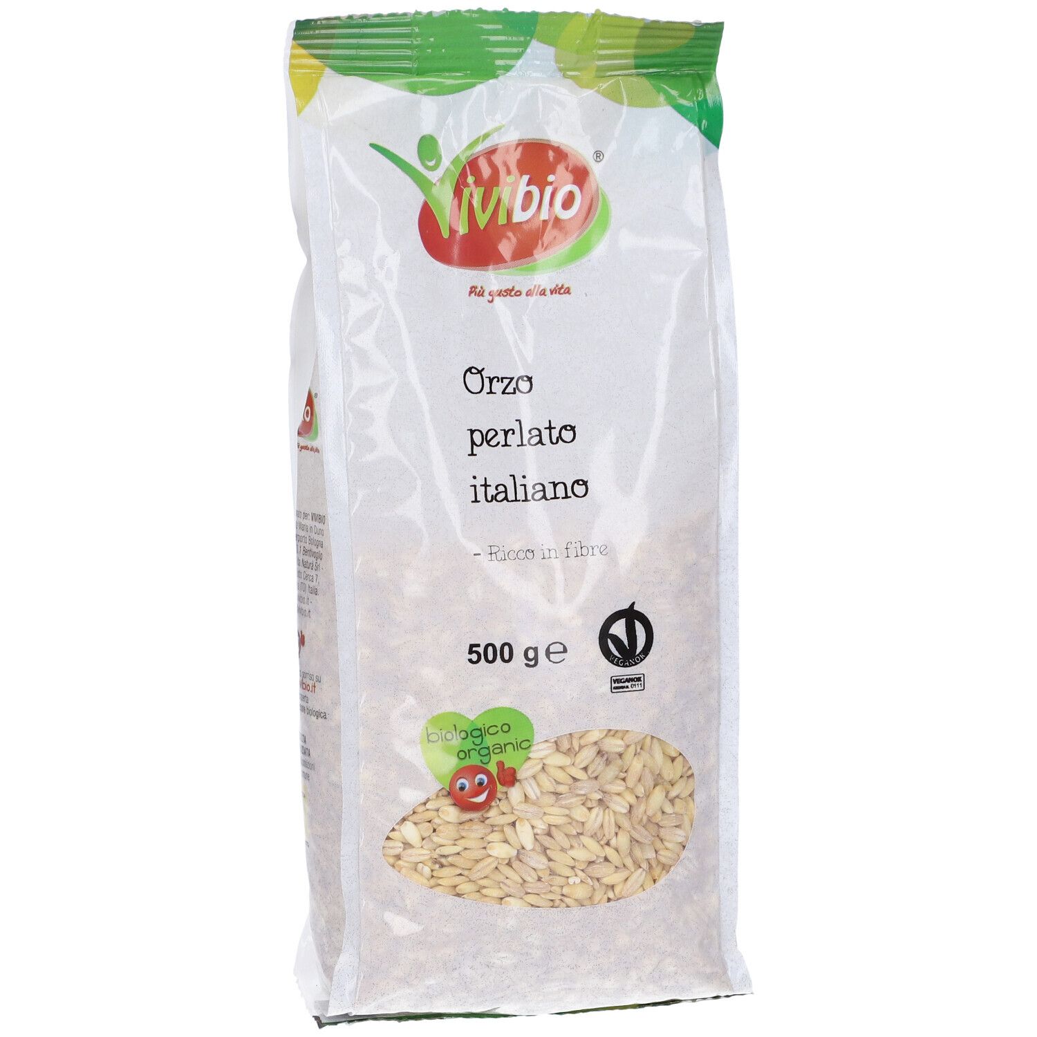 Orzo Perlato Italiano in confezione trasparente. 500g. Logo Vivibio. Sigillo biologico. Prodotto visibile.