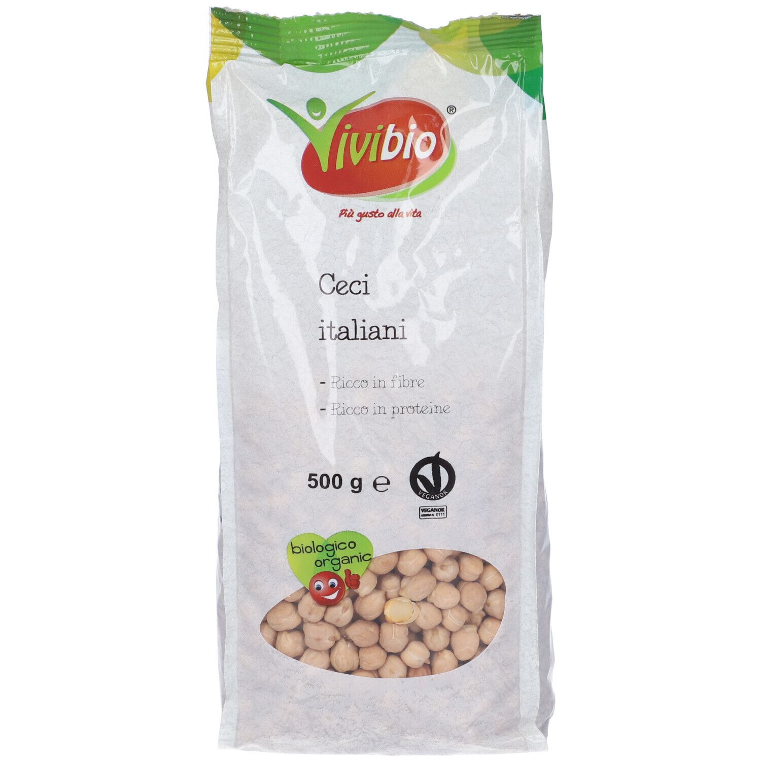 Confezione trasparente di Ceci Italiani. Logo Vivibio, testo: Ceci italiani, 500 g, biologico organic.
