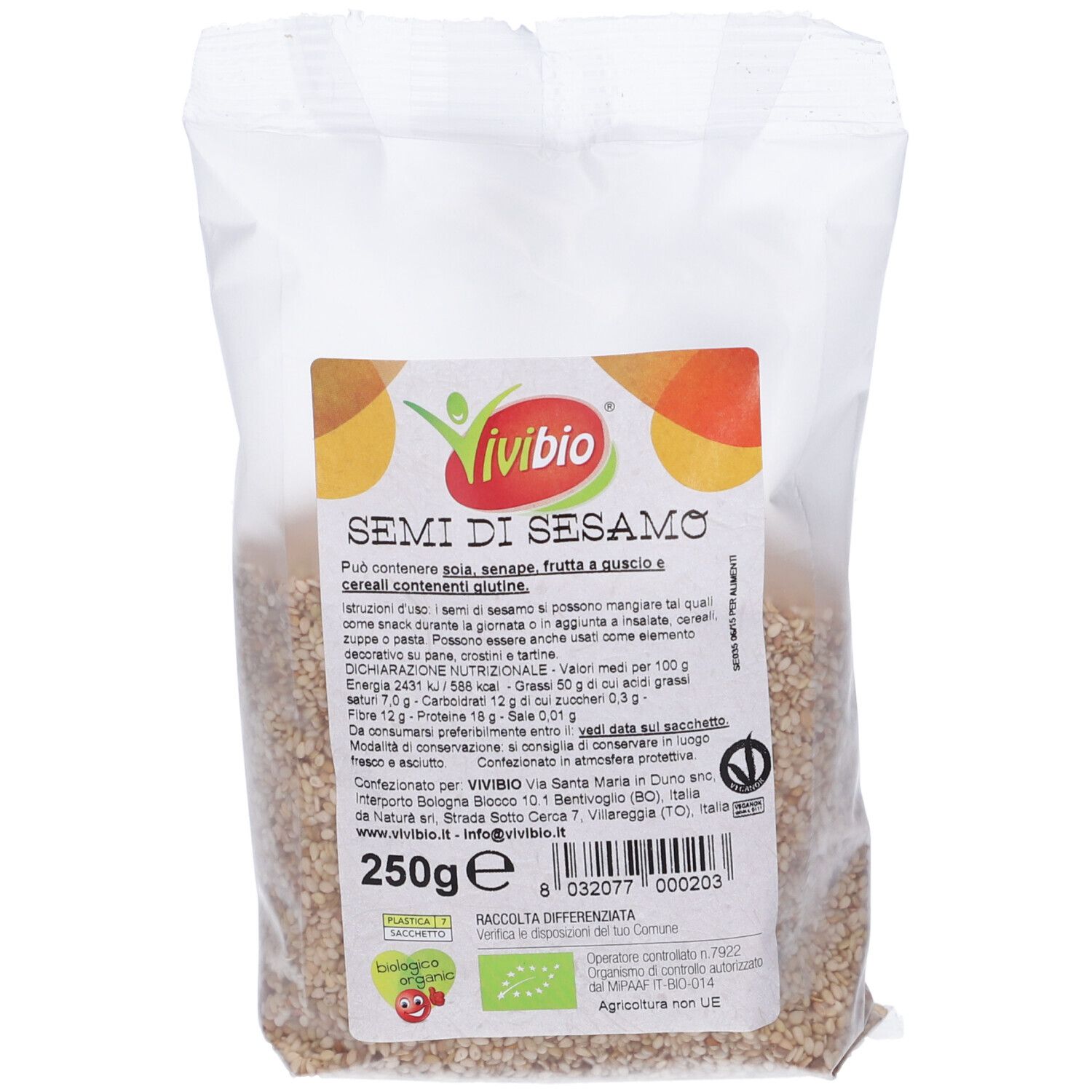 Sacchetto bianco con semi di sesamo Vivibio. Stampa con nome prodotto, logo, informazioni nutrizionali e marchio bio. Contenuto: 250g.