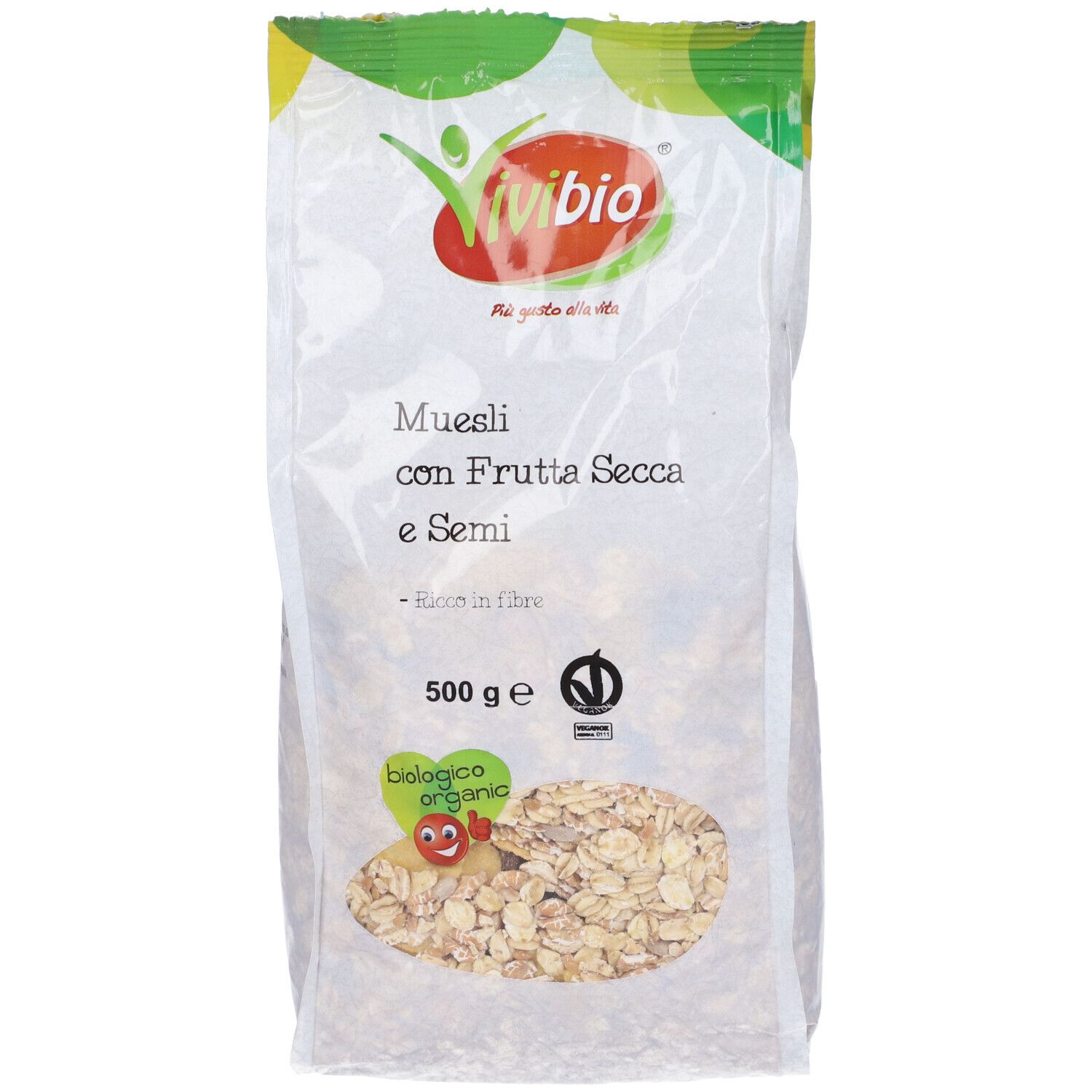 Confezione di muesli con frutta secca e semi. Visibile: logo, testo, 500g. Confezione trasparente.