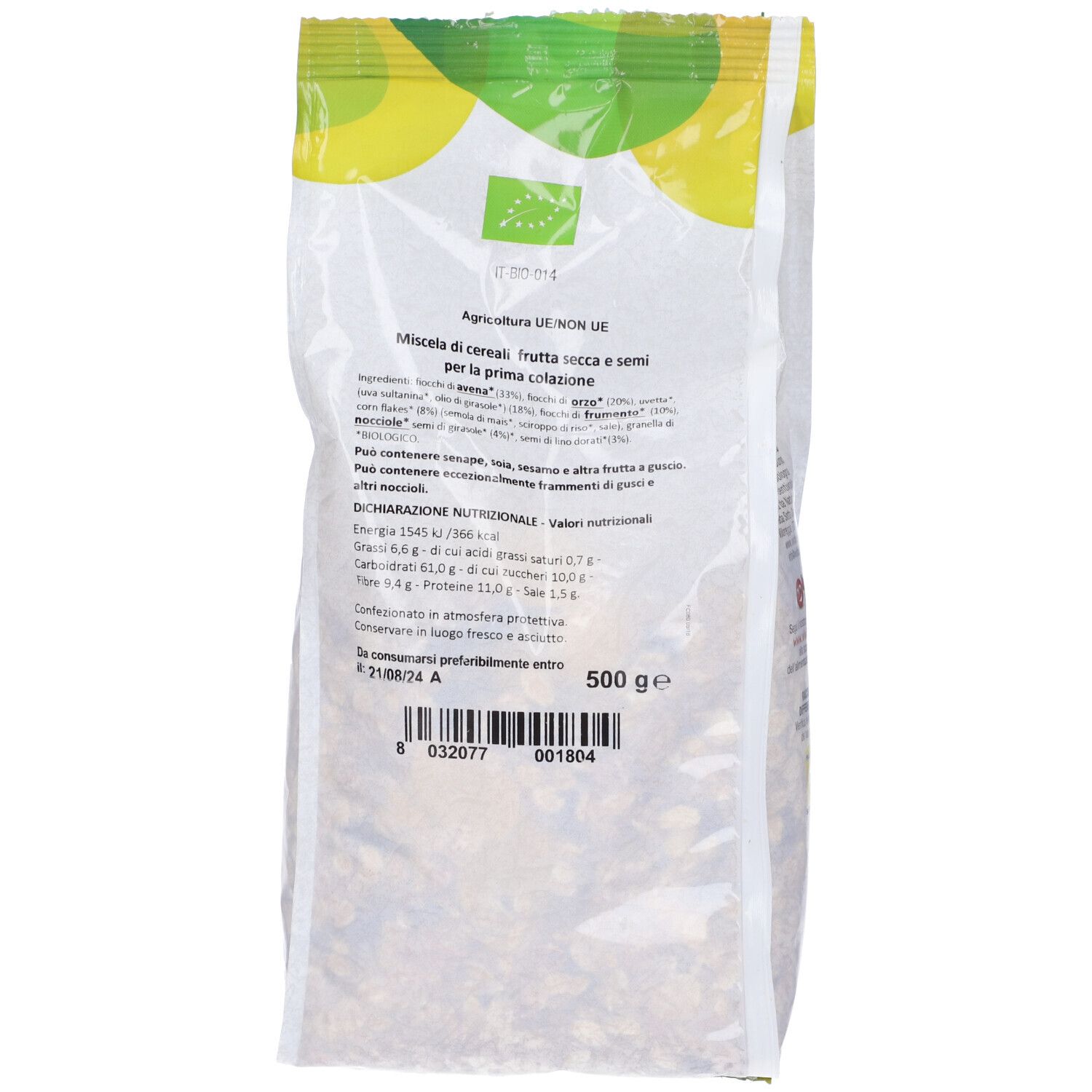Retro della confezione di muesli. Testo, informazioni nutrizionali, 500g. Logo bio UE. Codice a barre e scadenza.