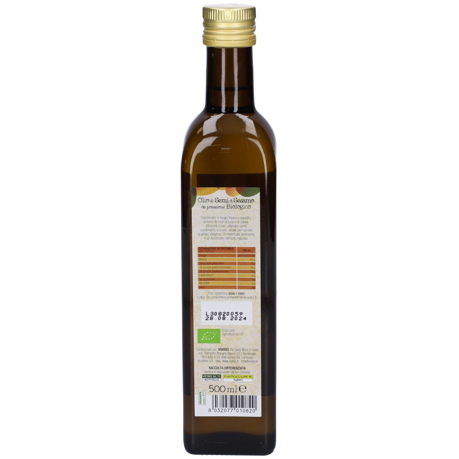 Bottiglia di vetro marrone con etichetta. Retro con testo e data di scadenza. 500ml.