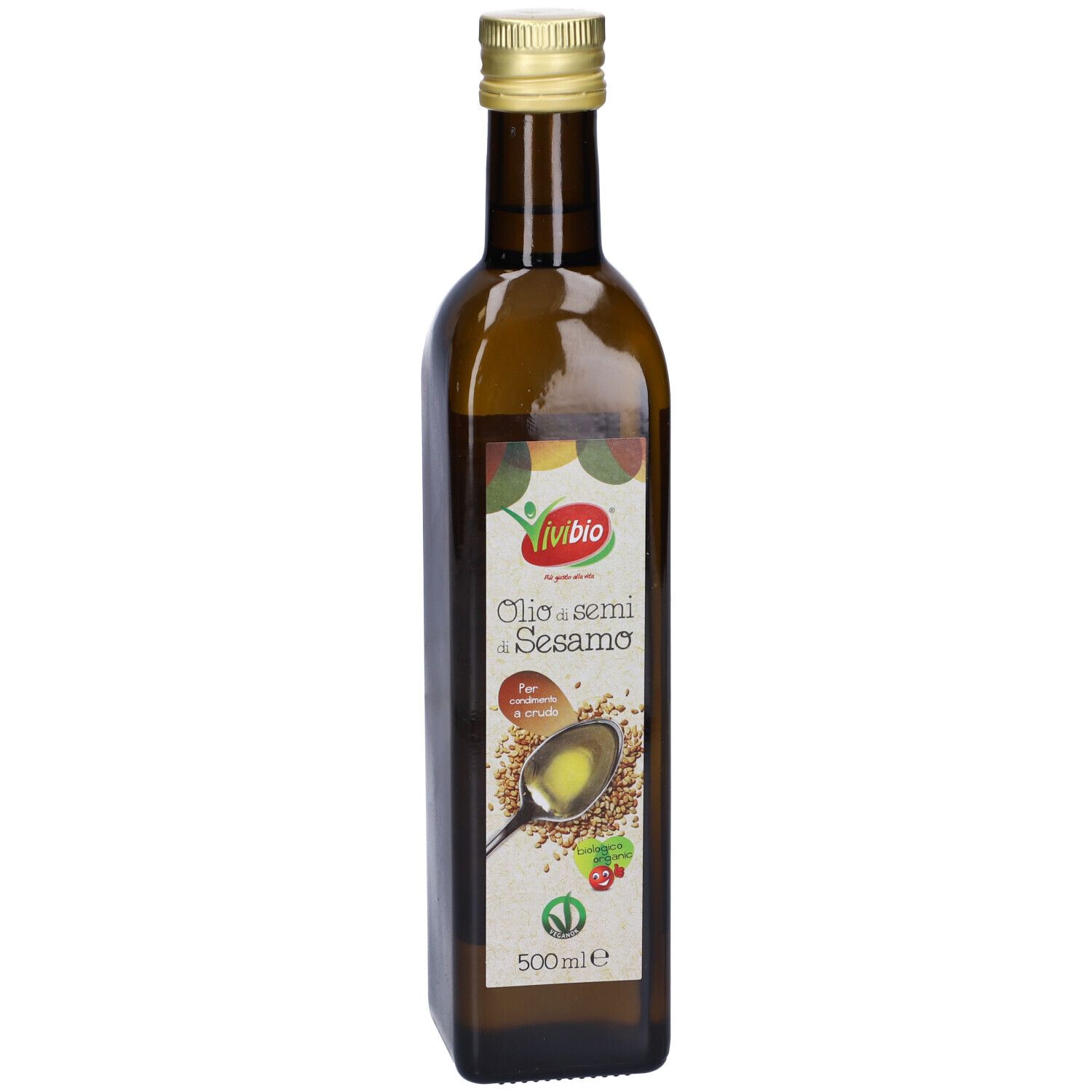 Bottiglia di vetro marrone con tappo dorato. Etichetta con logo e scritta: Olio di semi di Sesamo. 500ml.
