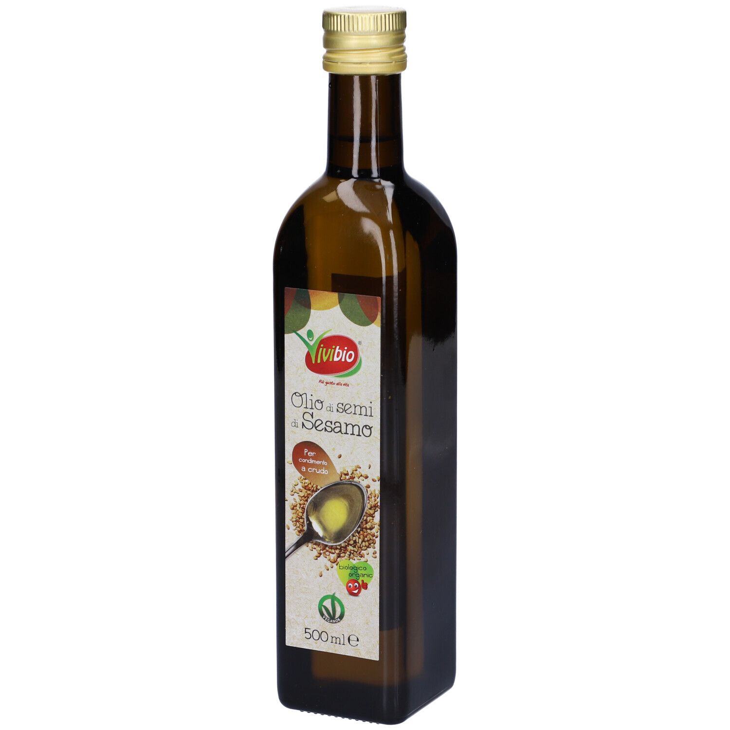 Bottiglia di vetro marrone con tappo dorato. Etichetta con logo e scritta: Olio di semi di Sesamo. 500ml.