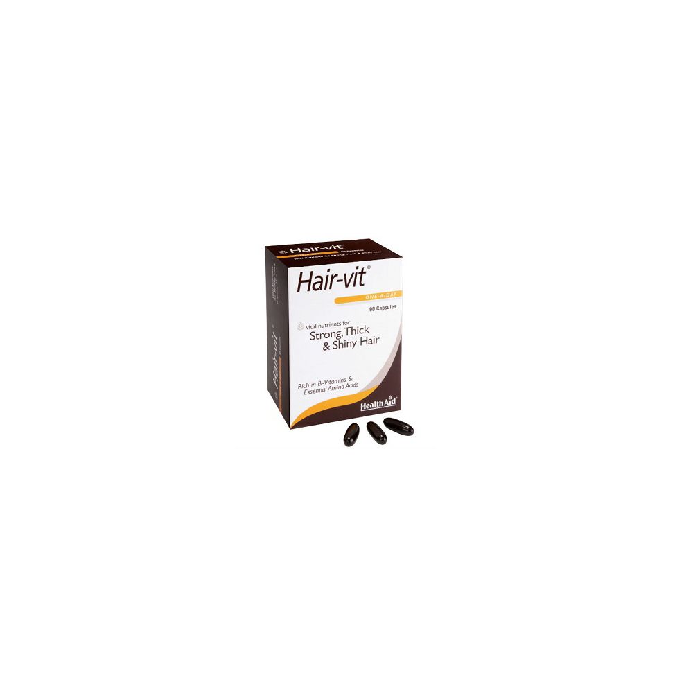 Scatola di Hair-vit con capsule. Scritto: Strong, Thick & Shiny Hair. Alcune capsule sono accanto.