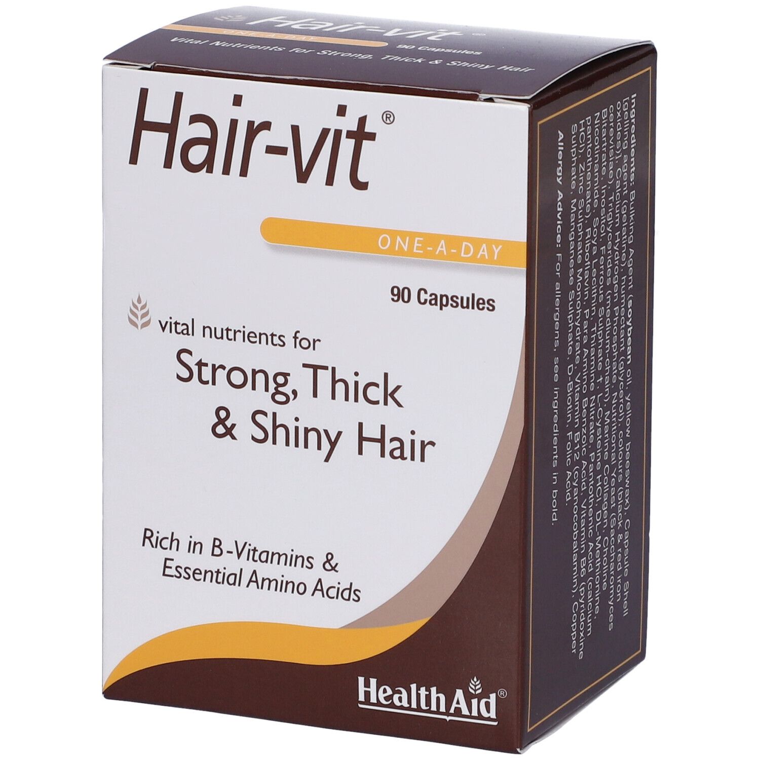 Scatola Hair-vit con scritta: Strong, Thick & Shiny Hair. Contiene 90 capsule. Marchio: HealthAid.
