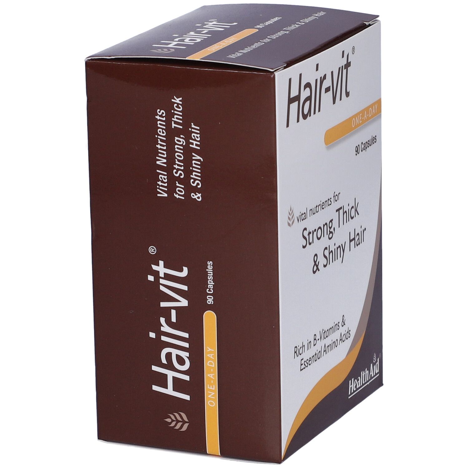 Scatola Hair-vit con scritta: Strong, Thick & Shiny Hair. Contiene 90 capsule. Marchio: HealthAid.