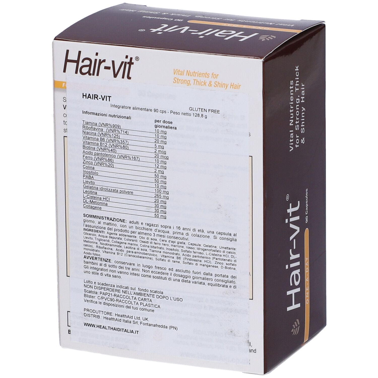 Scatola Hair-vit con informazioni nutrizionali. Contiene 90 capsule. Marchio: HealthAid.