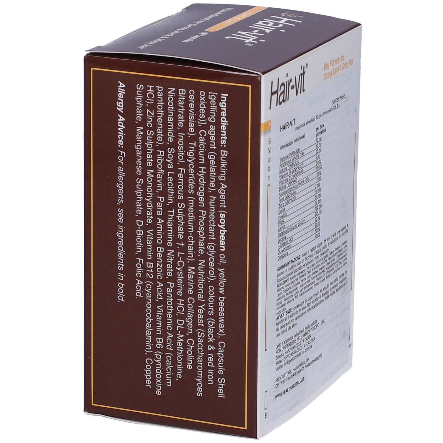 Scatola Hair-vit con elenco ingredienti. Contiene 90 capsule. Marchio: HealthAid.