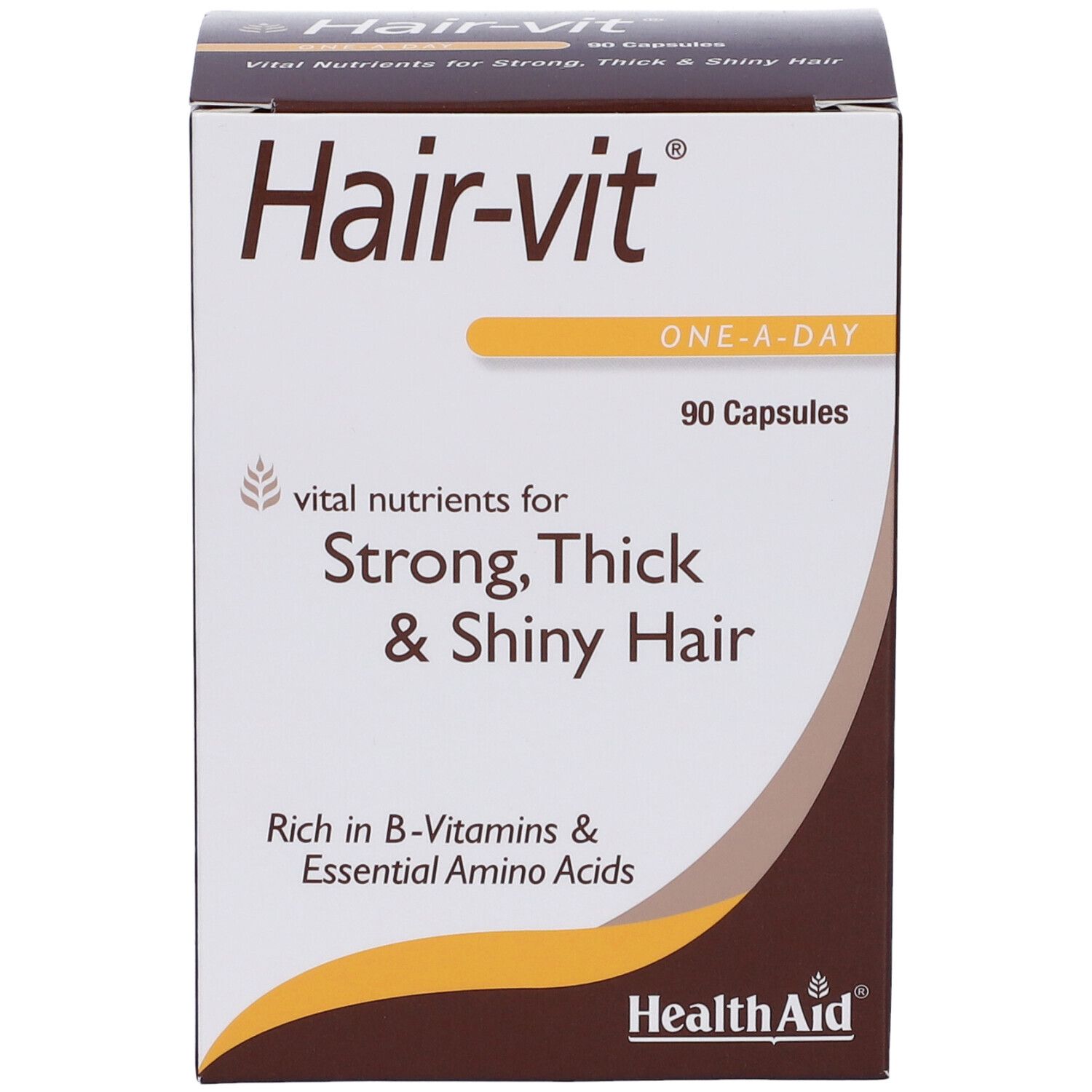 Scatola Hair-vit con scritta: Strong, Thick & Shiny Hair. Contiene 90 capsule. Marchio: HealthAid.