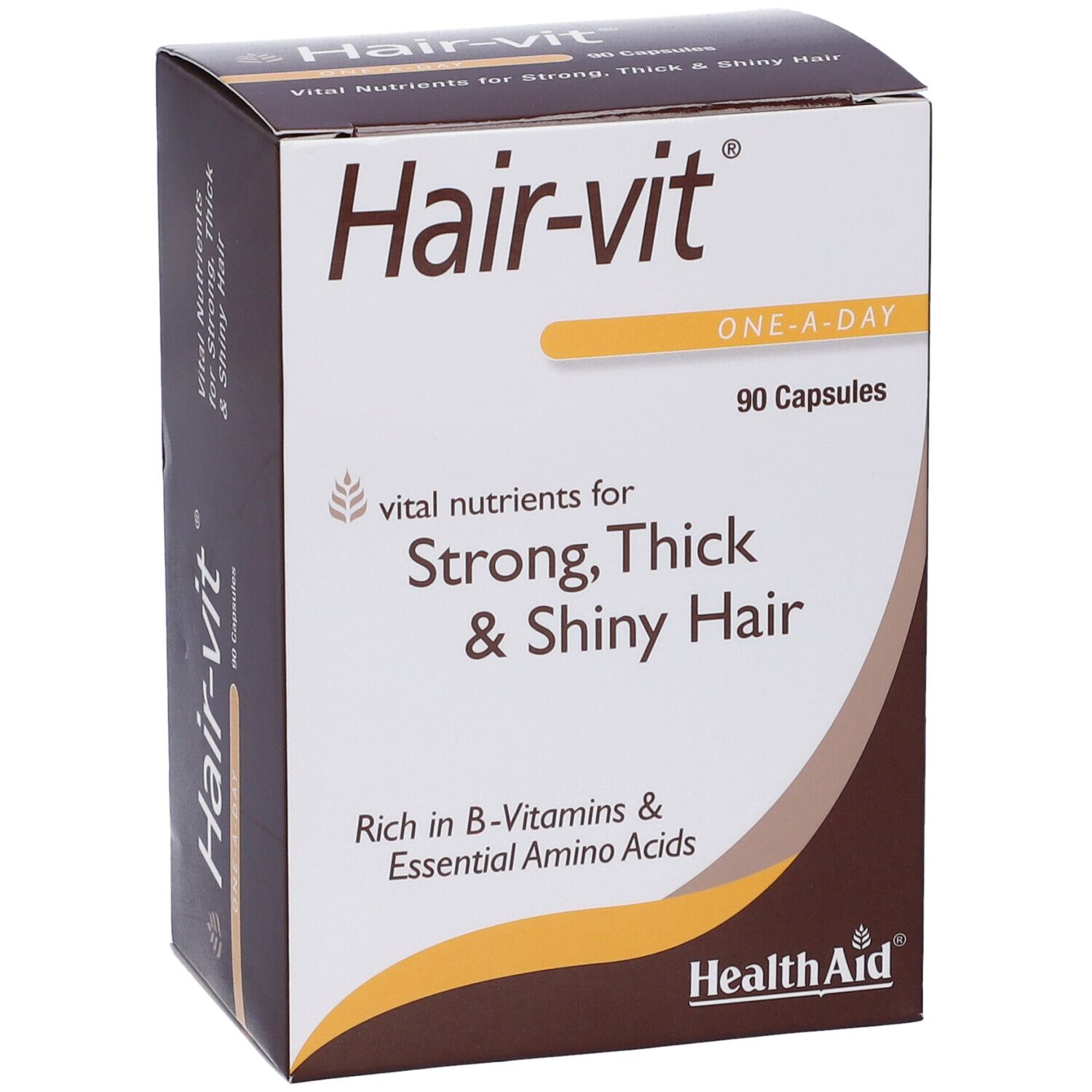 Scatola Hair-vit con scritta: Strong, Thick & Shiny Hair. Contiene 90 capsule. Marchio: HealthAid.